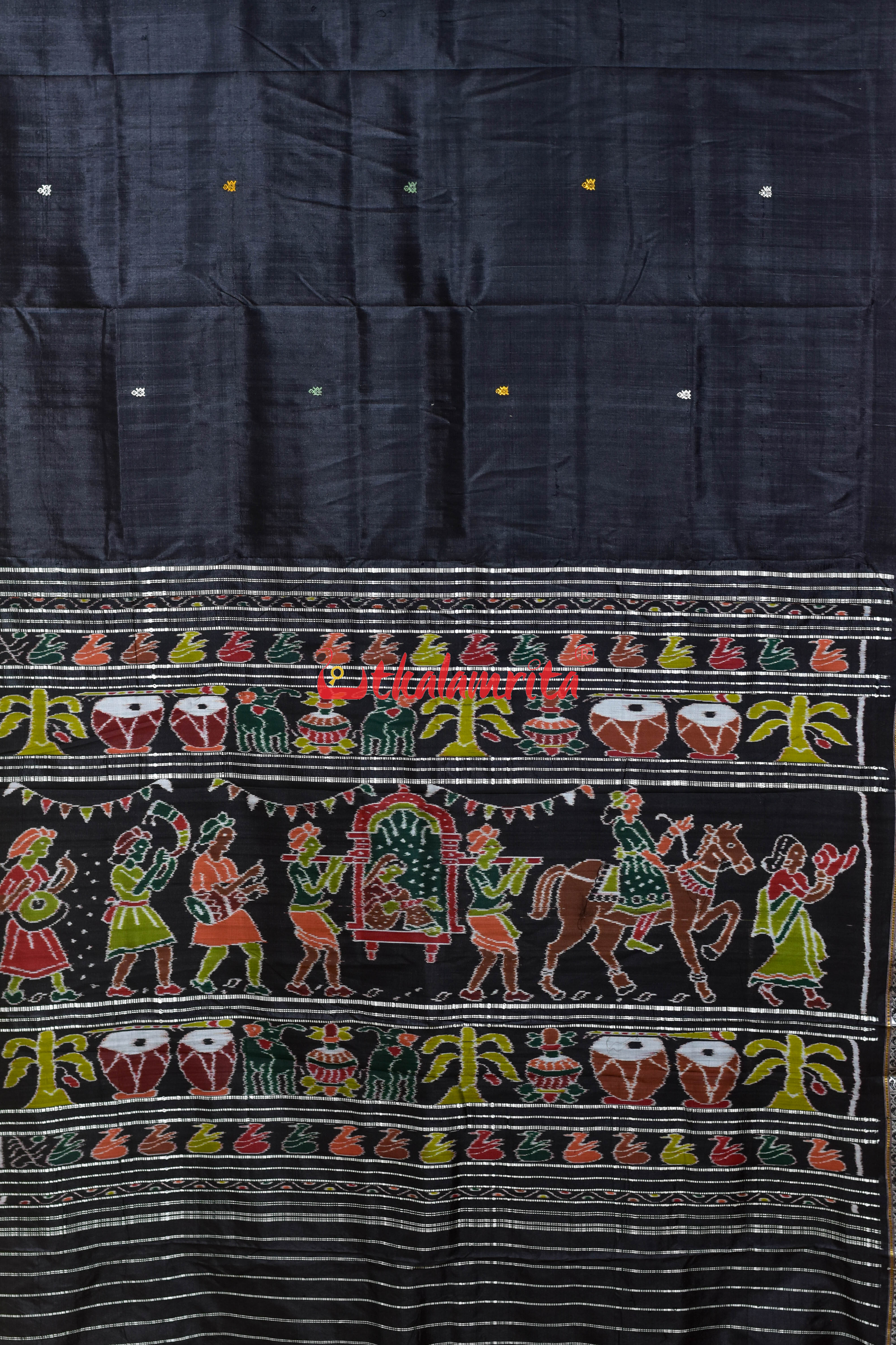 Self Black Turtle Buti Wedding Aanchal Khandua Silk Saree
