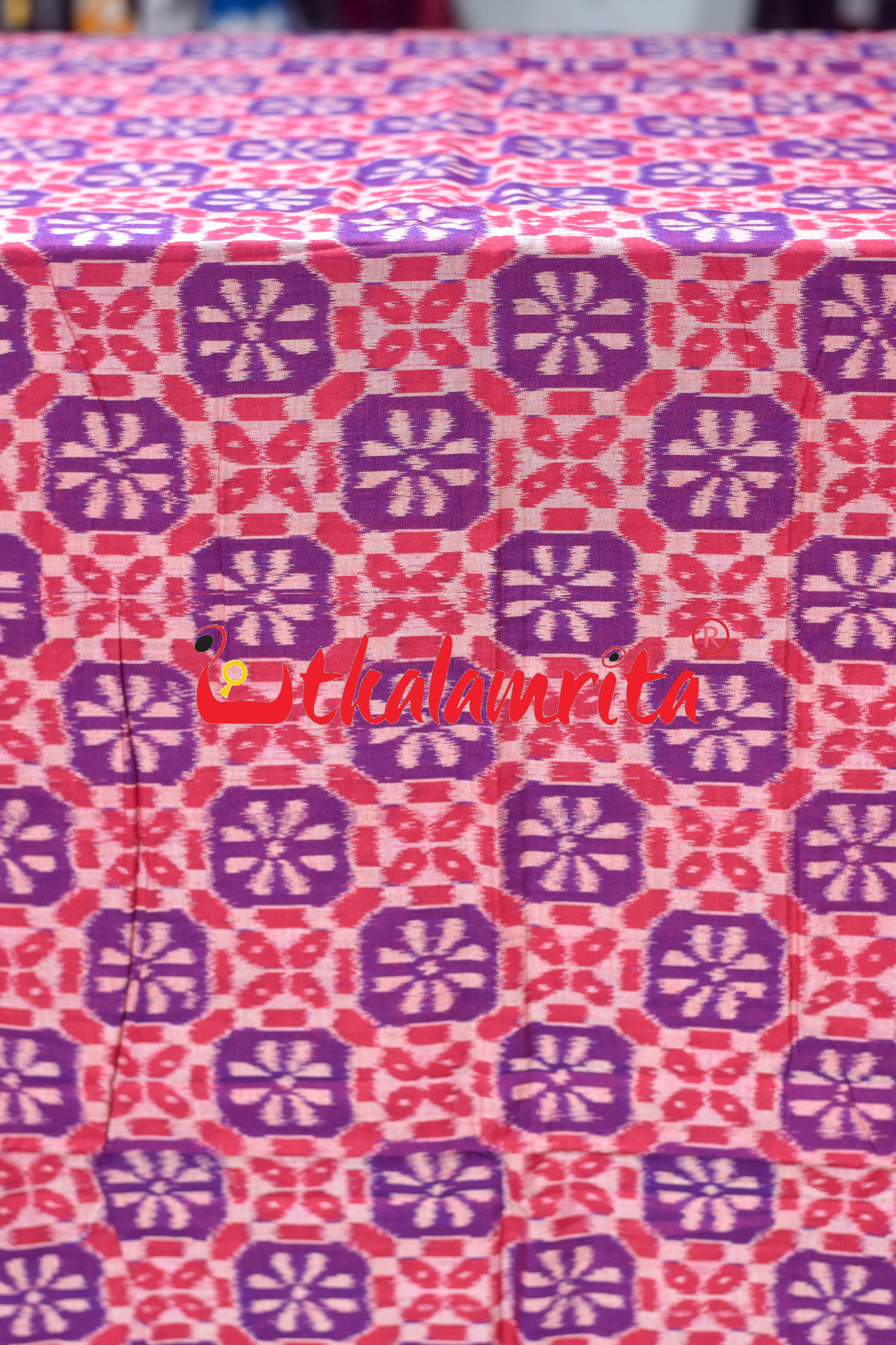 Red Blue 3D Flower Sambalpuri Cotton (Fabric)