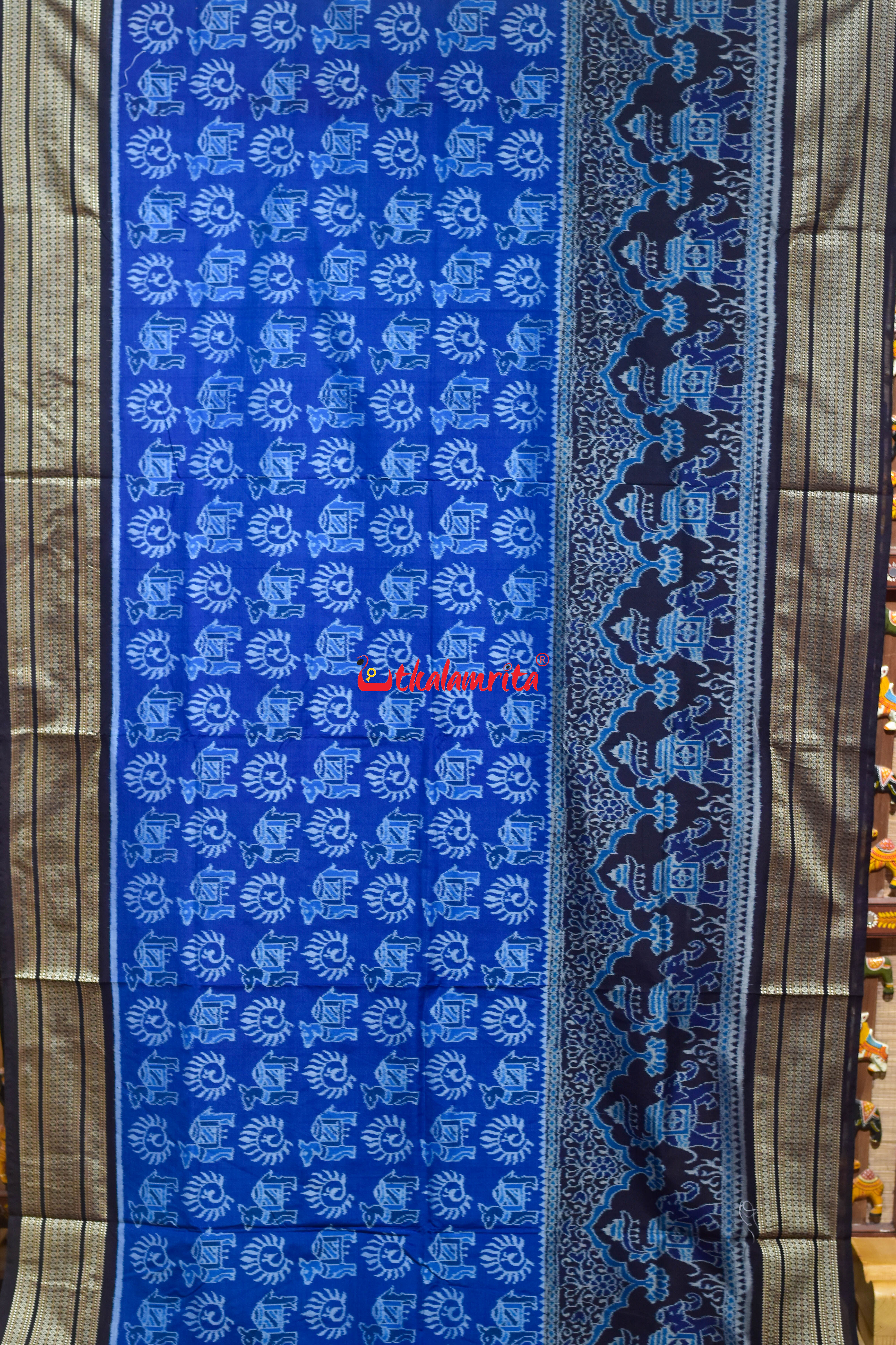 Blue Black 3D Elephant Sambalpuri Cotton Saree