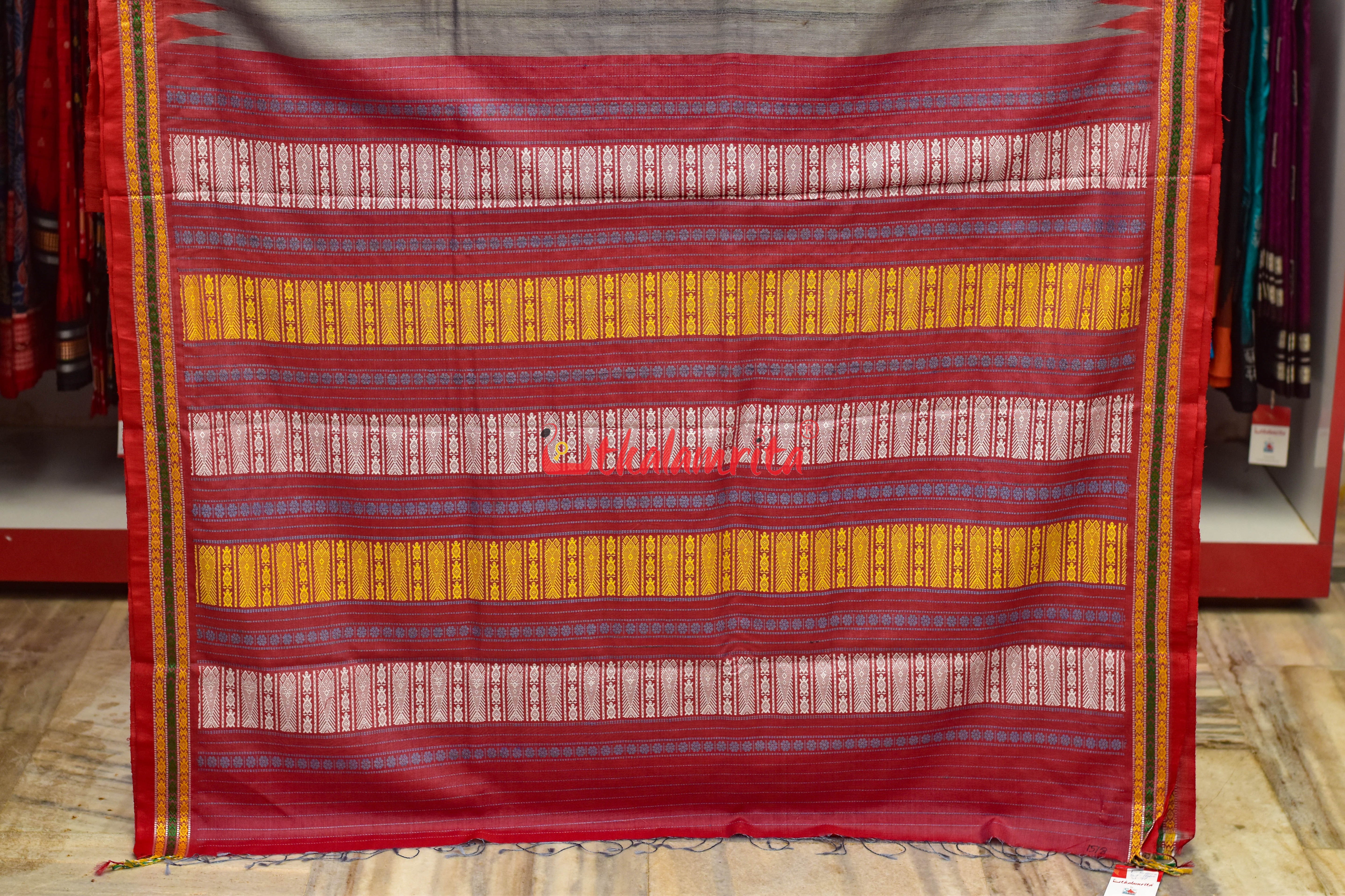 Grey Red Tortoise Border Jaala Anchal Tussar Saree