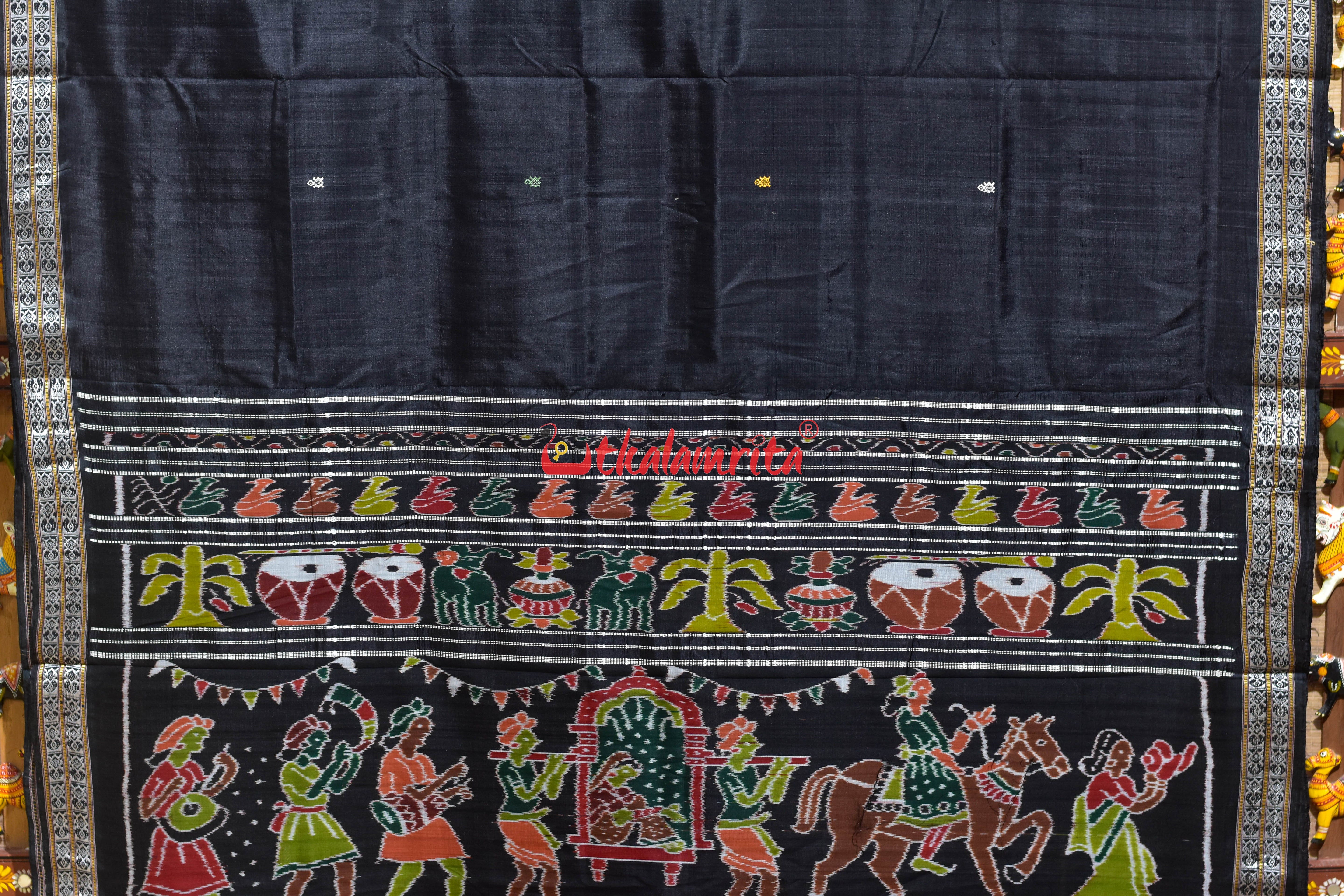 Self Black Turtle Buti Wedding Aanchal Khandua Silk Saree