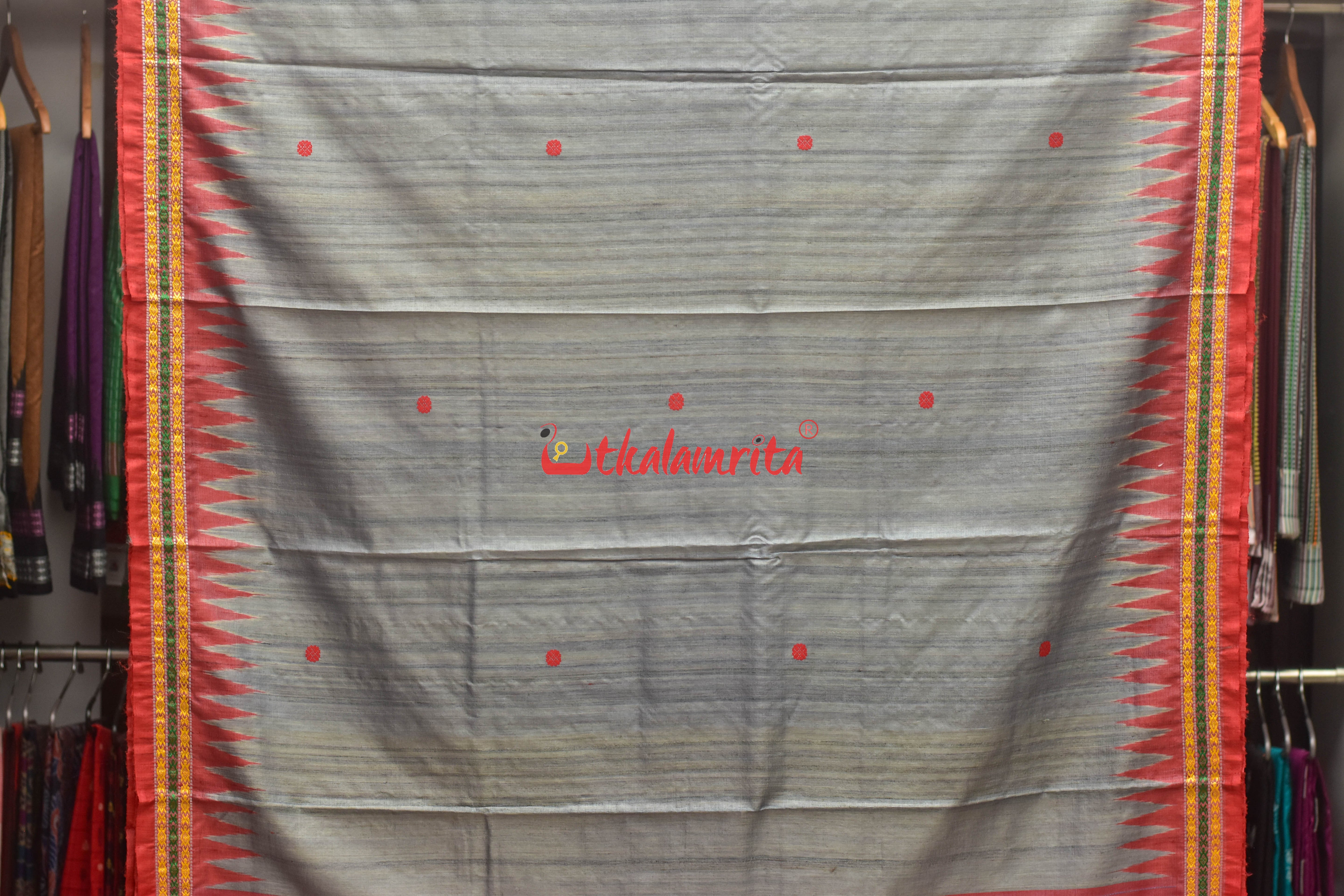 Grey Red Tortoise Border Jaala Anchal Tussar Saree