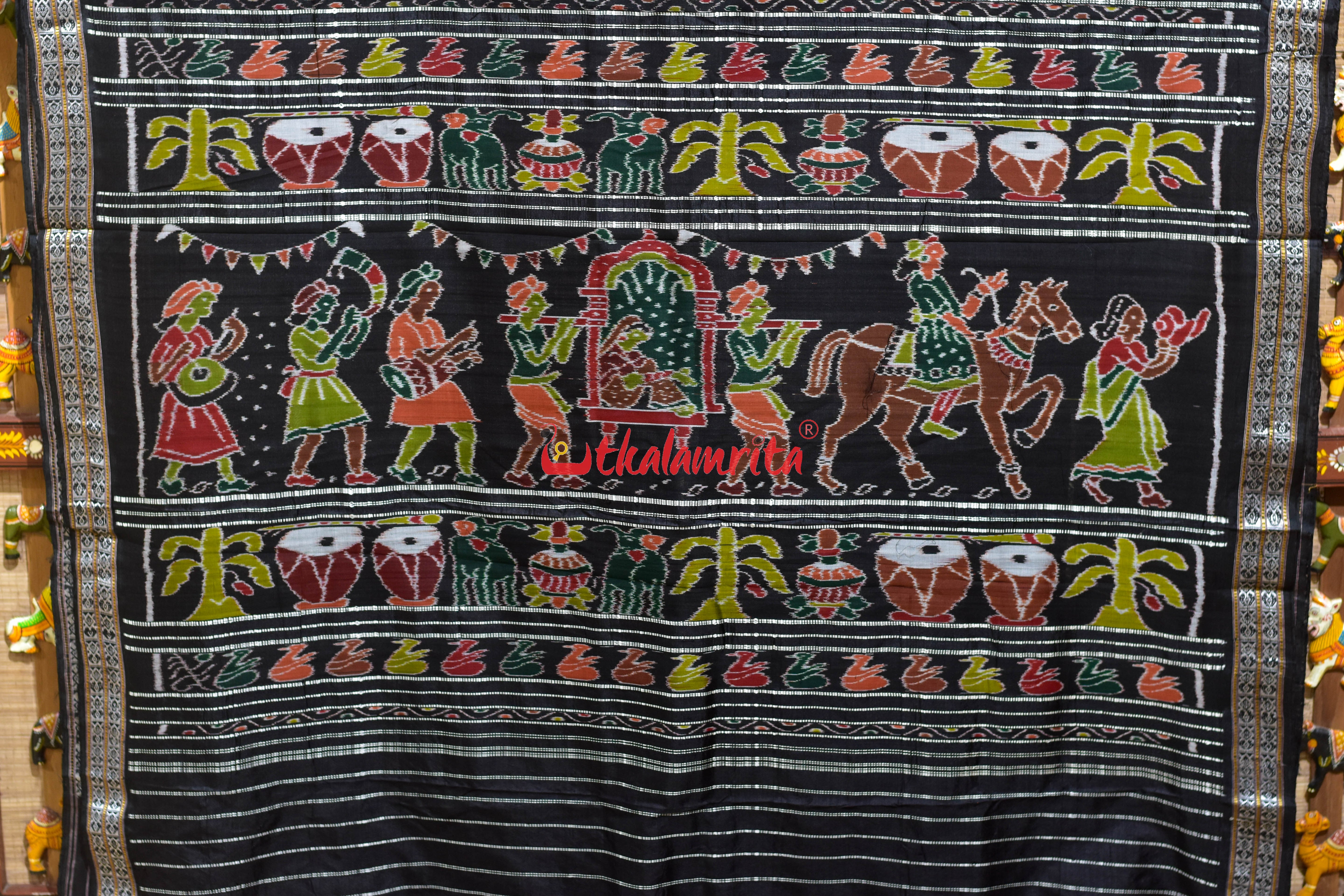 Self Black Turtle Buti Wedding Aanchal Khandua Silk Saree