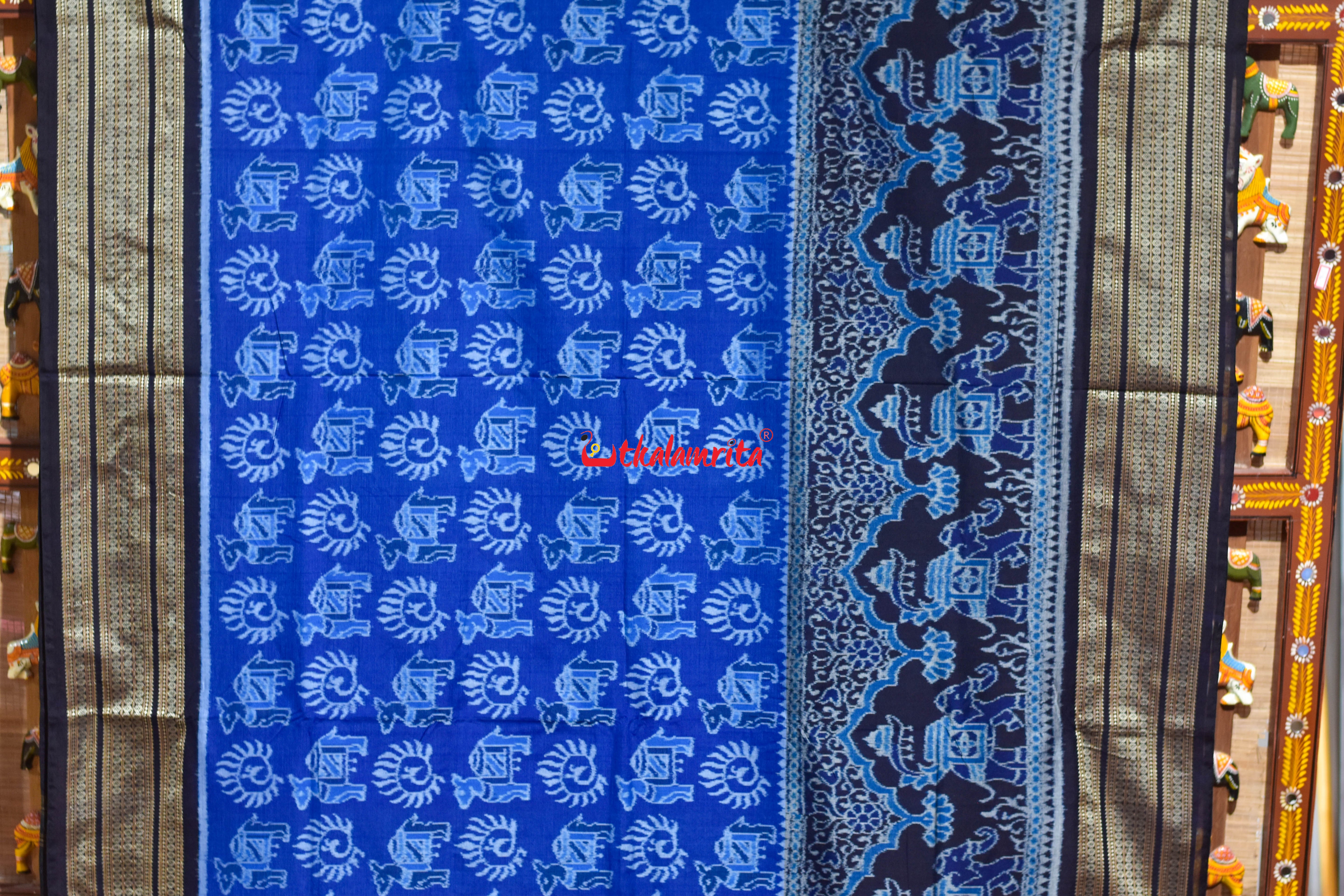 Blue Black 3D Elephant Sambalpuri Cotton Saree