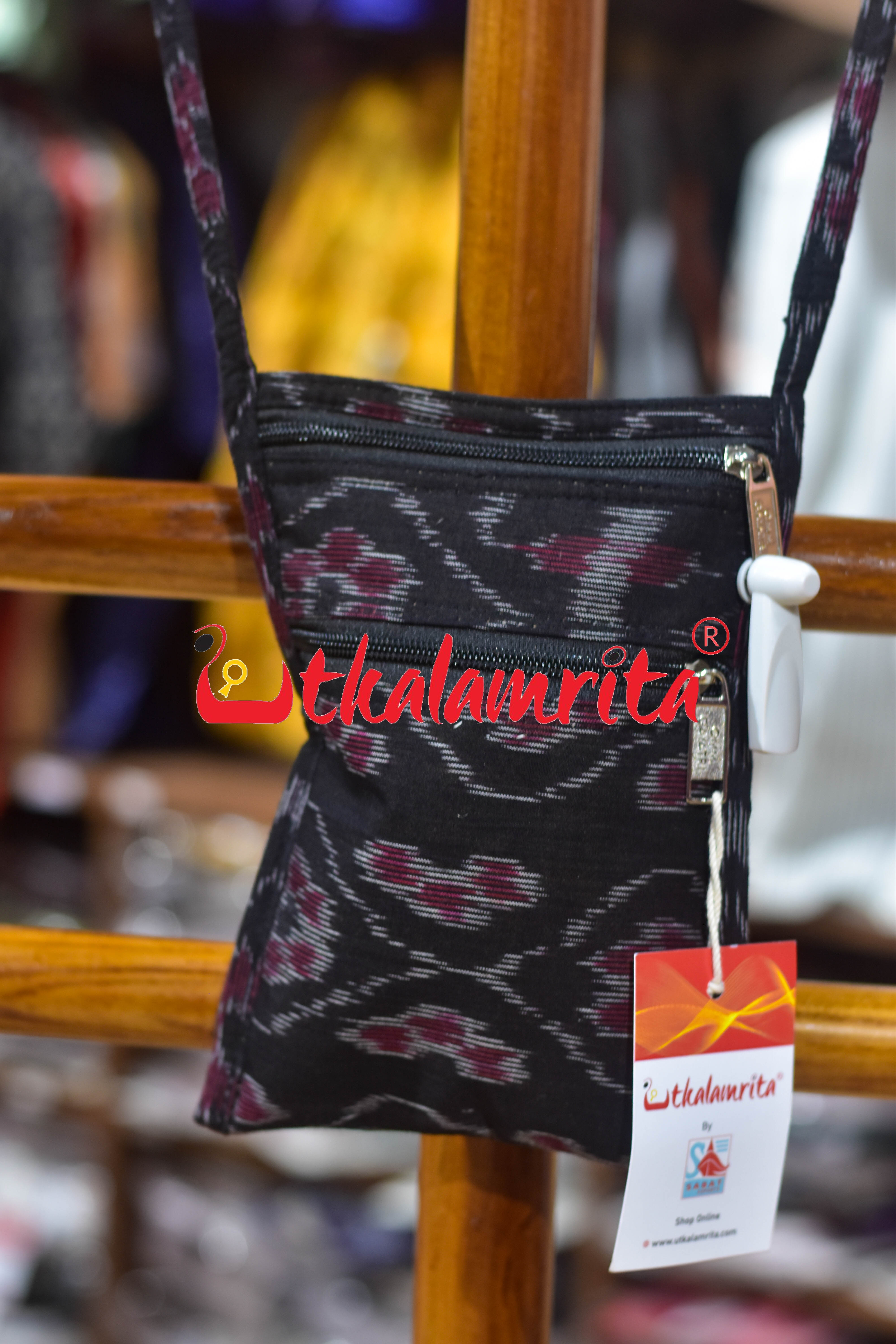 Black Wavy Flower Bandha Mobile Sling Bag