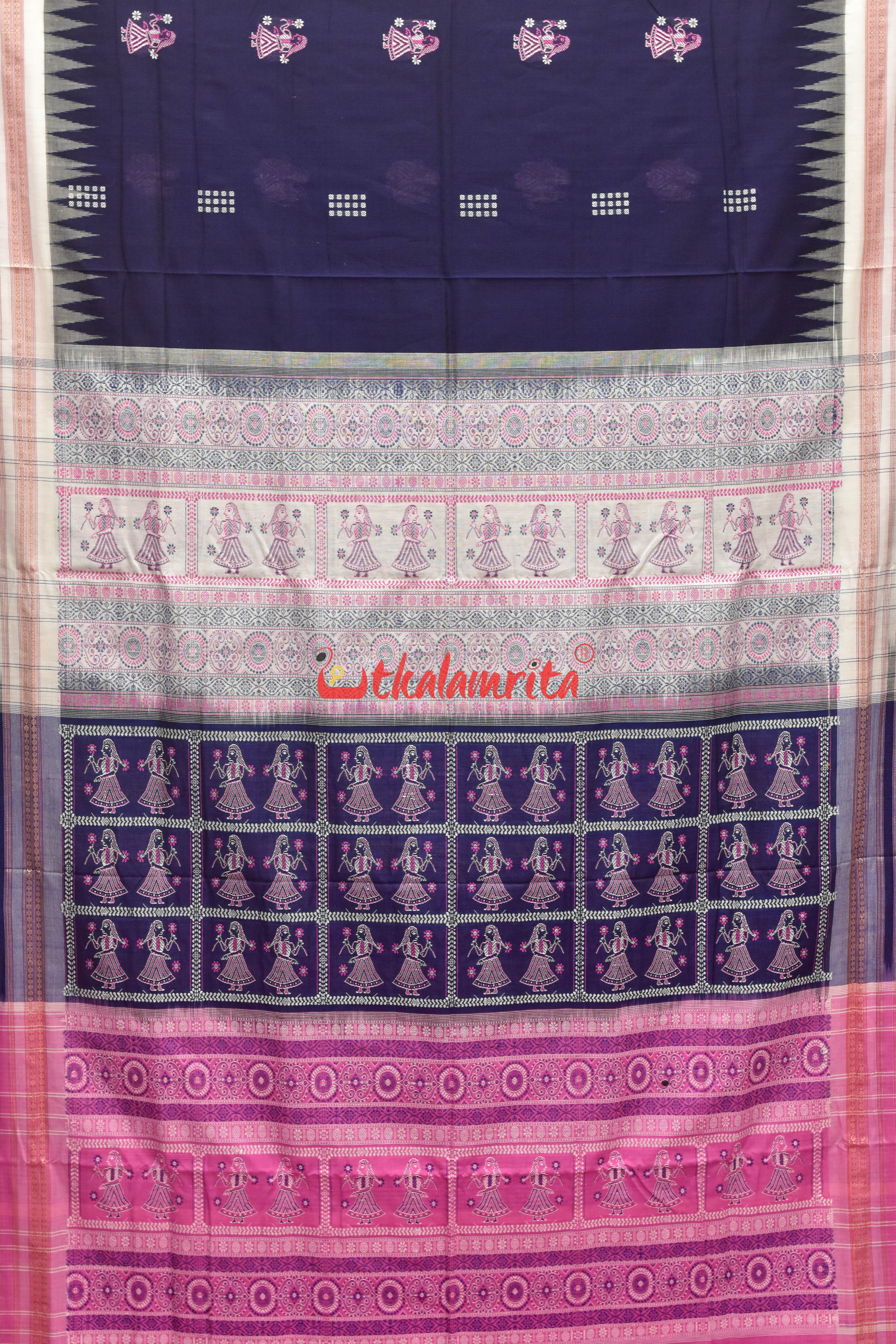 Ink Blue Pink Border Double Doll Bomkai Cotton Saree