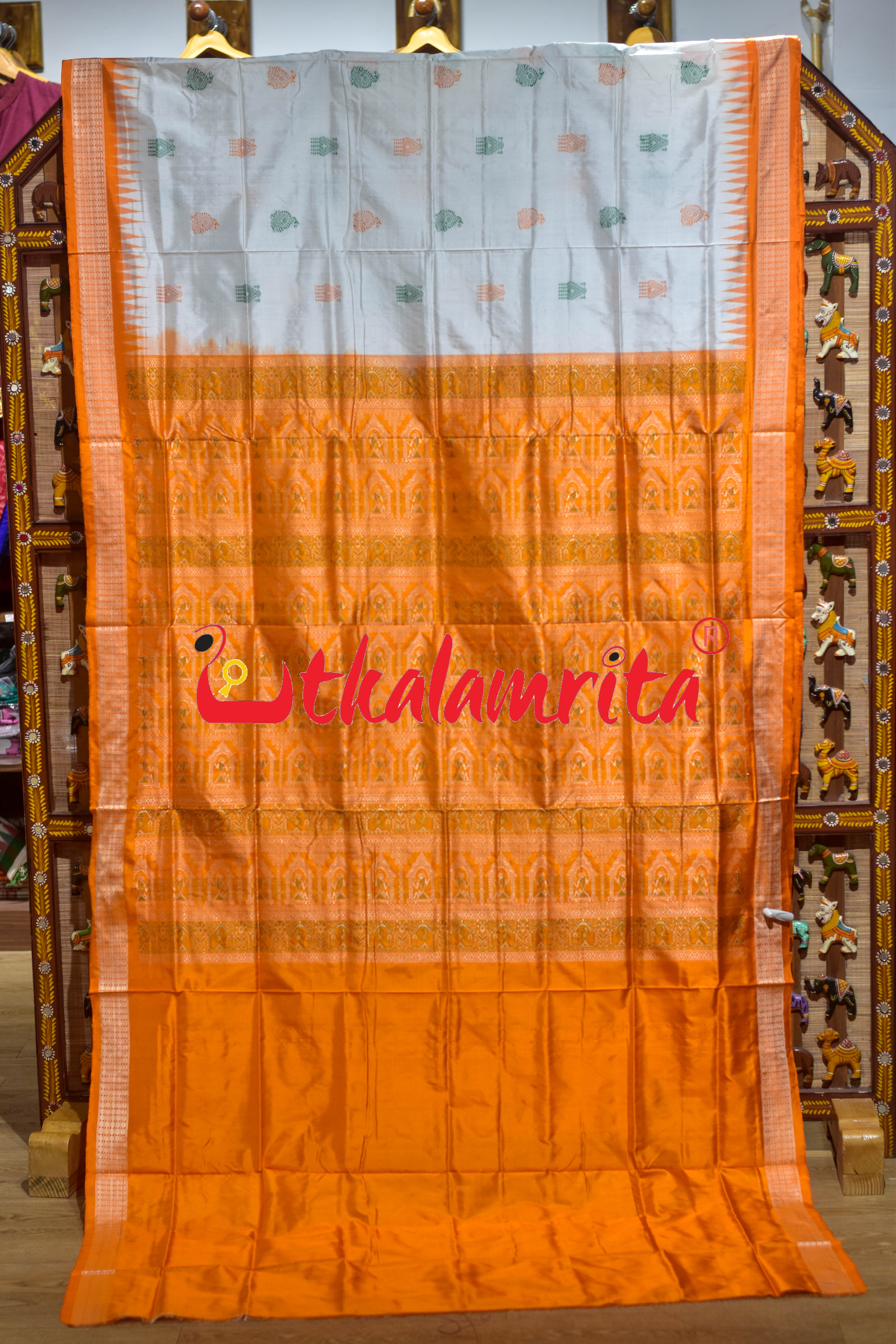White Orange Mukuta Bomkai Silk Saree