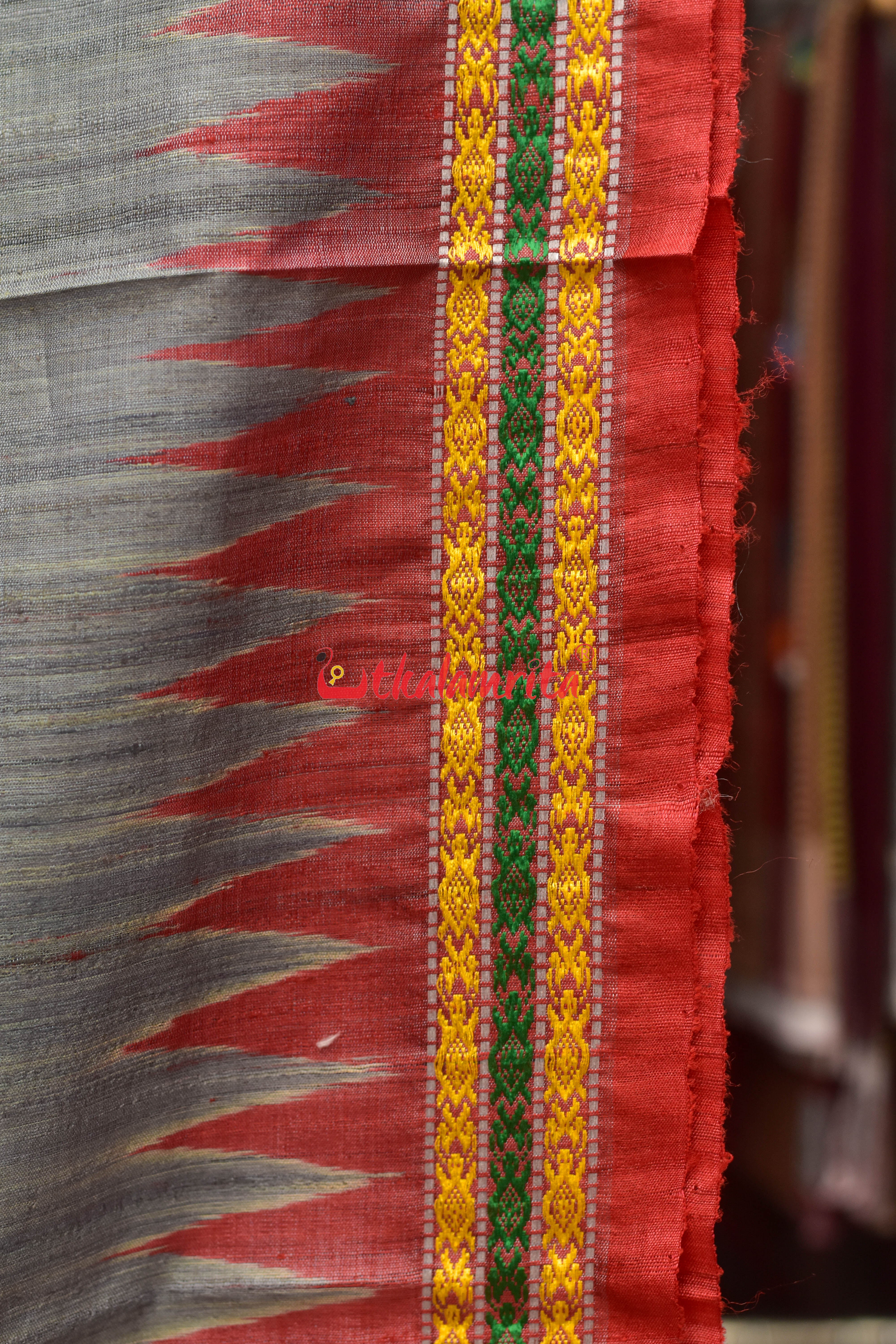 Grey Red Tortoise Border Jaala Anchal Tussar Saree