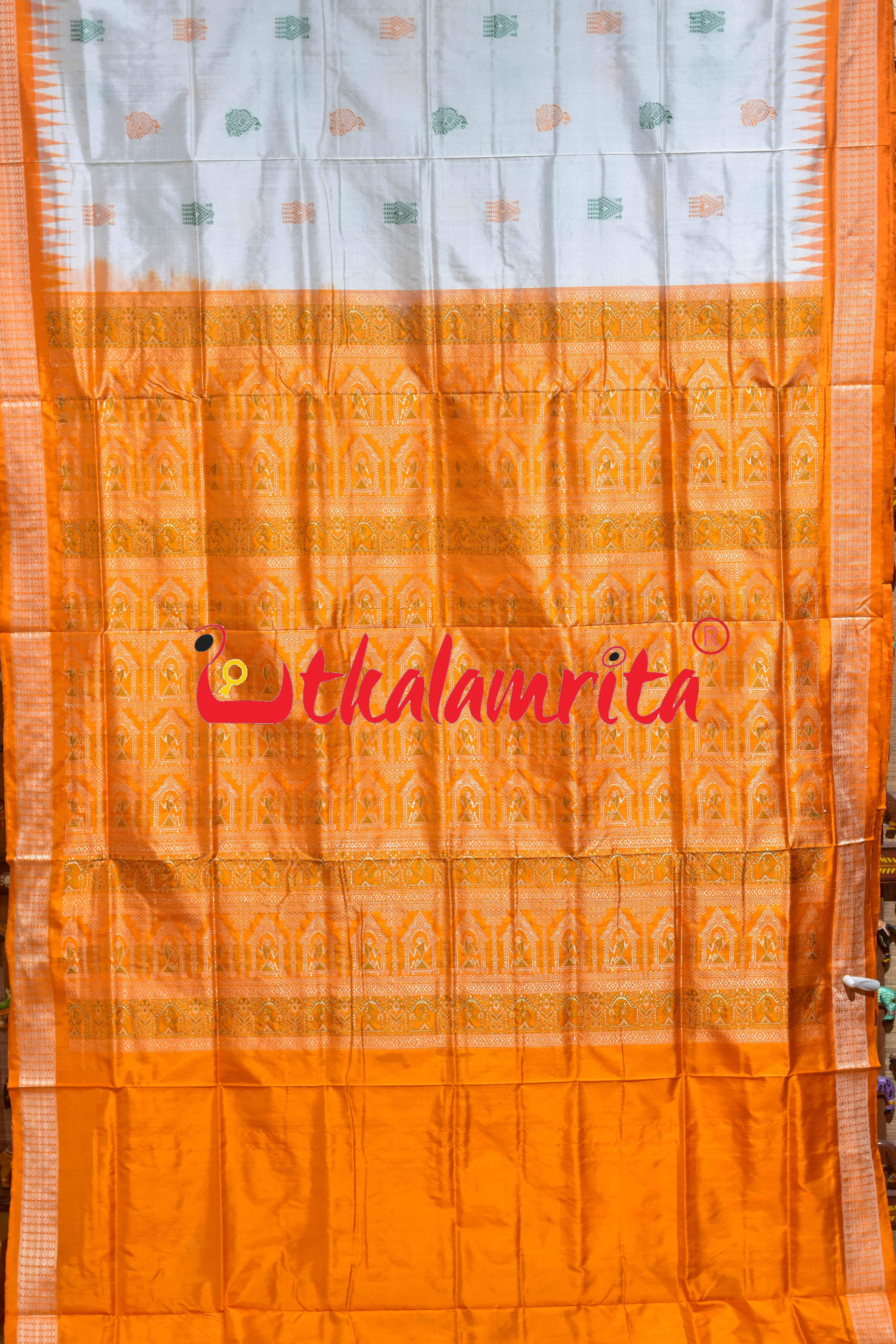 White Orange Mukuta Bomkai Silk Saree