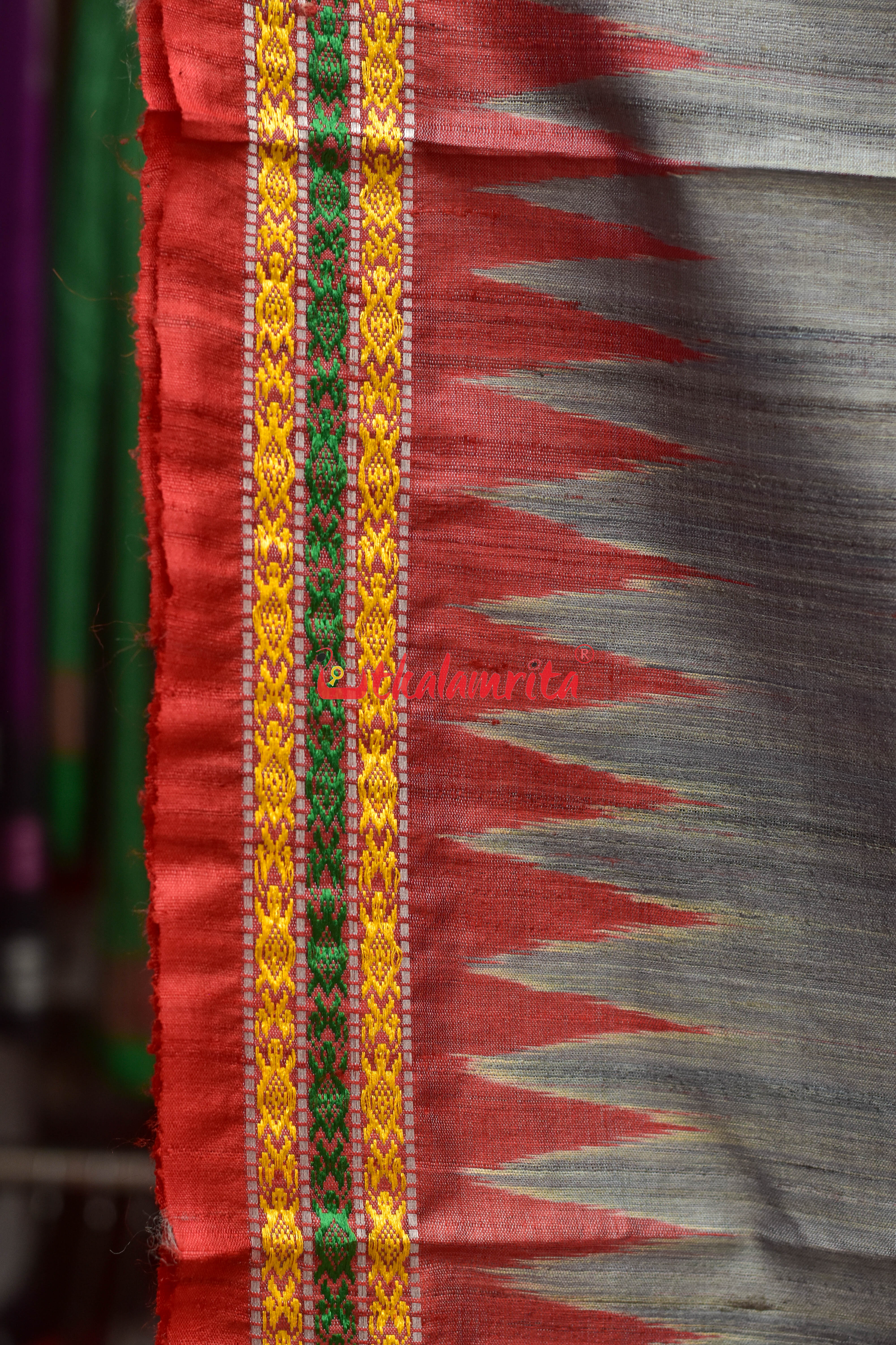 Grey Red Tortoise Border Jaala Anchal Tussar Saree