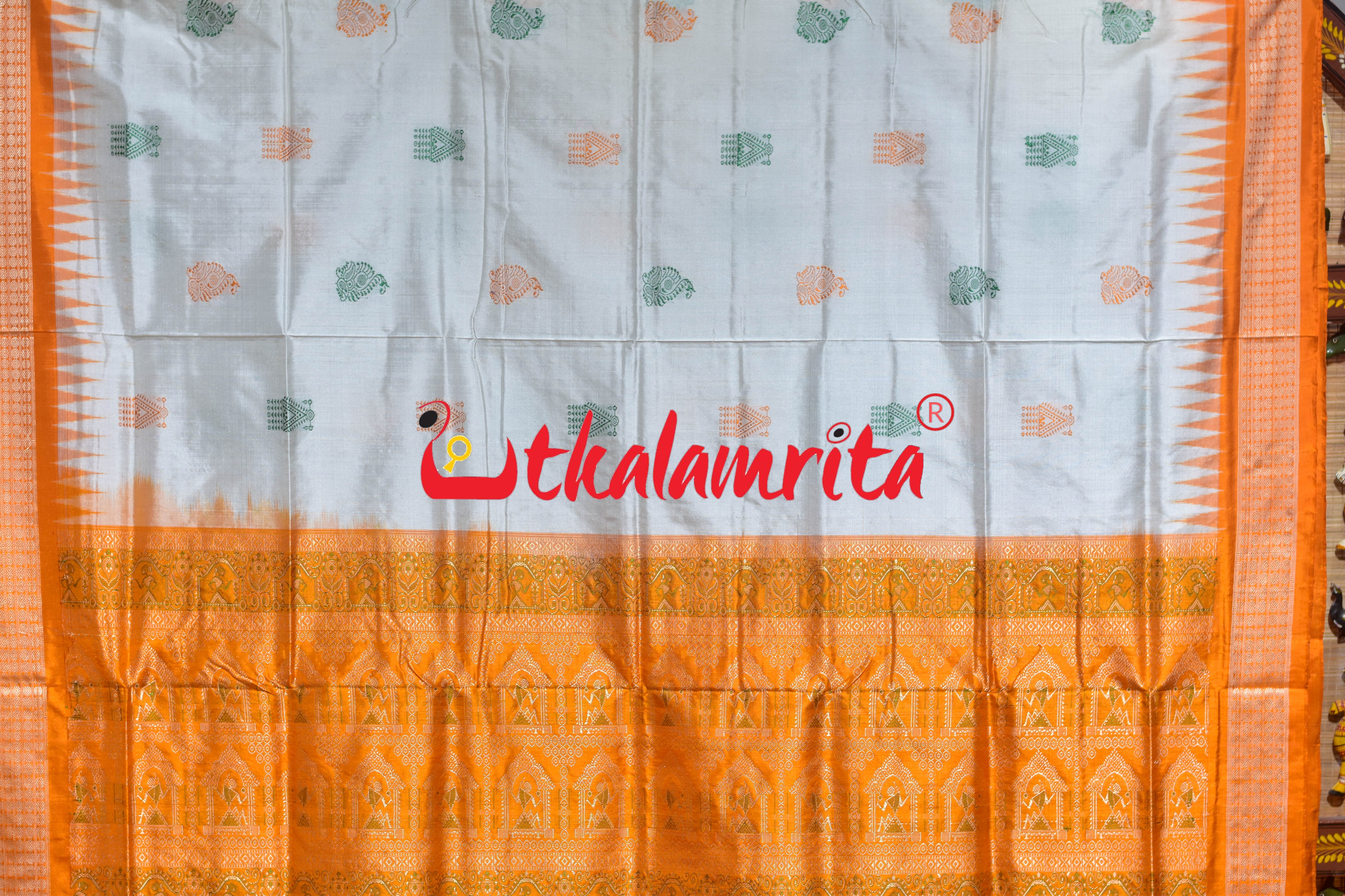 White Orange Mukuta Bomkai Silk Saree