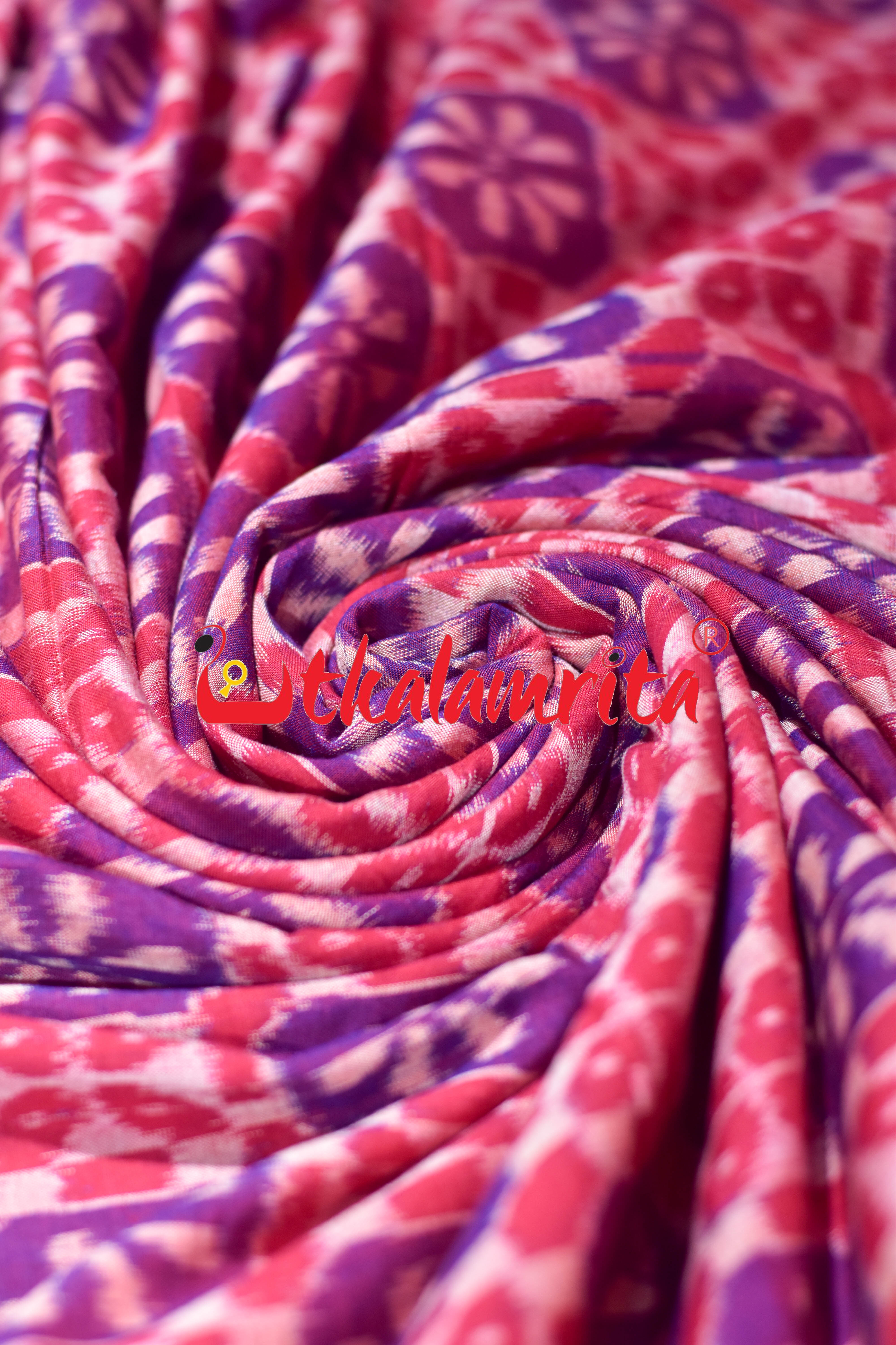 Red Blue 3D Flower Sambalpuri Cotton (Fabric)