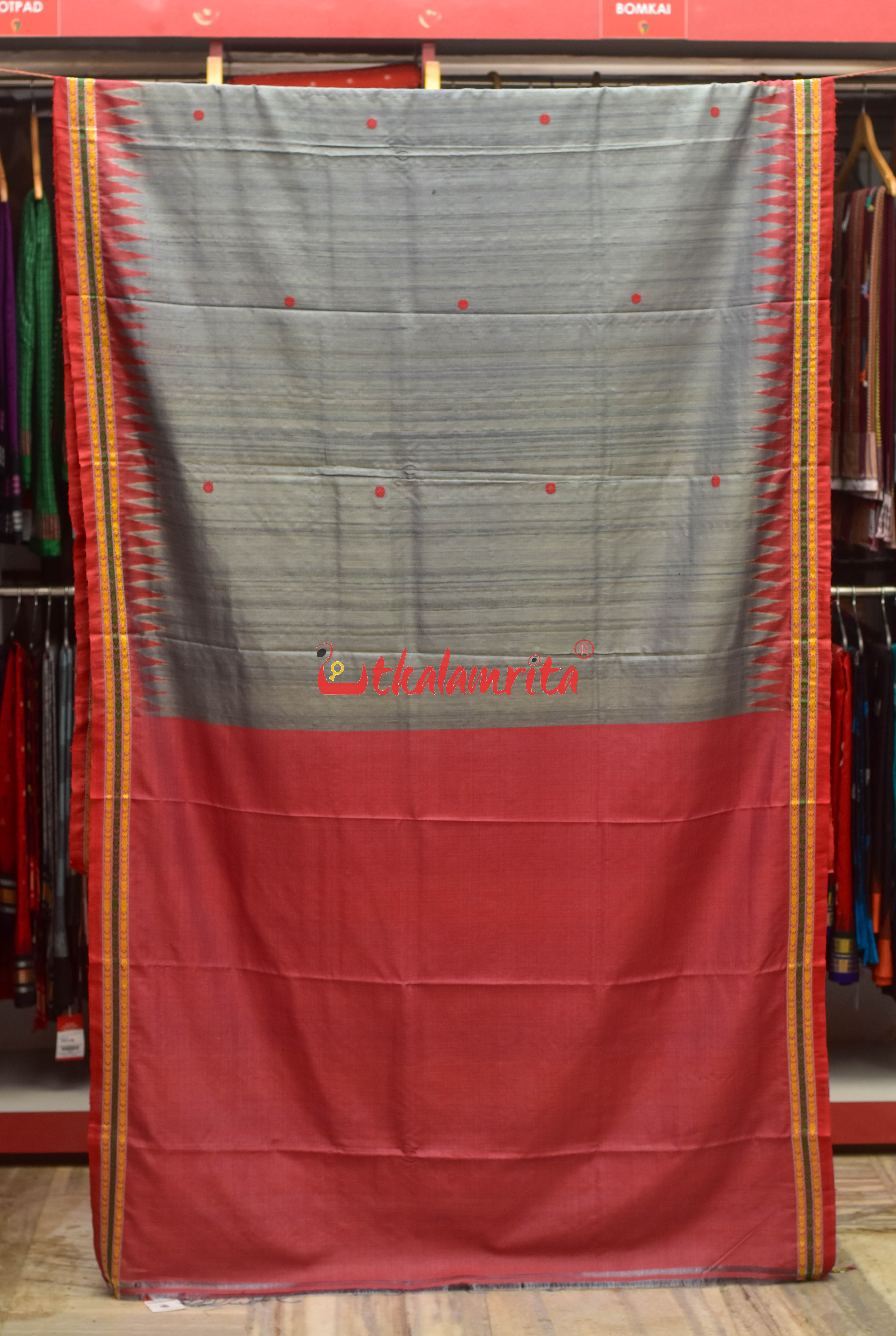 Grey Red Tortoise Border Jaala Anchal Tussar Saree
