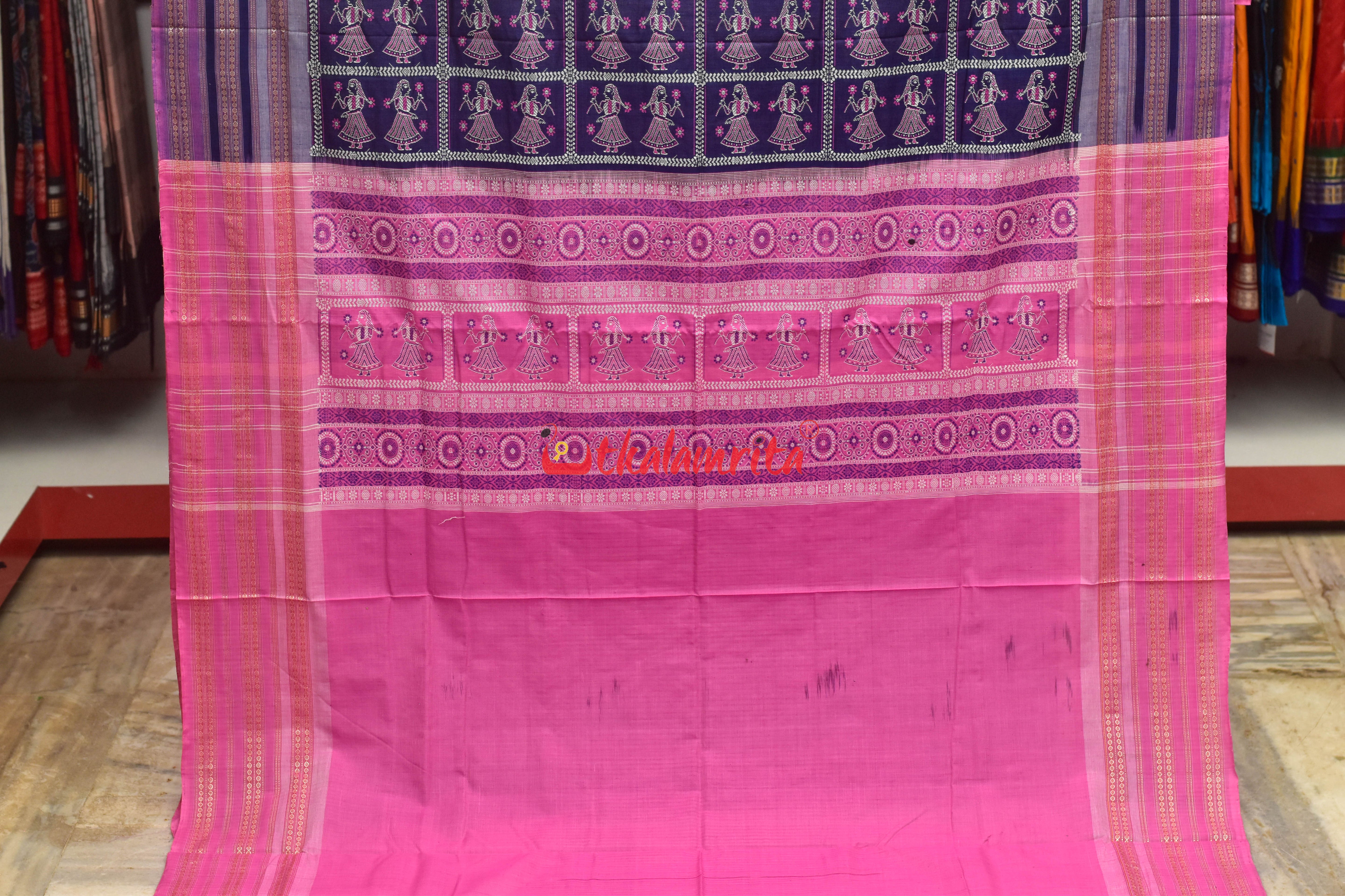 Ink Blue Pink Border Double Doll Bomkai Cotton Saree