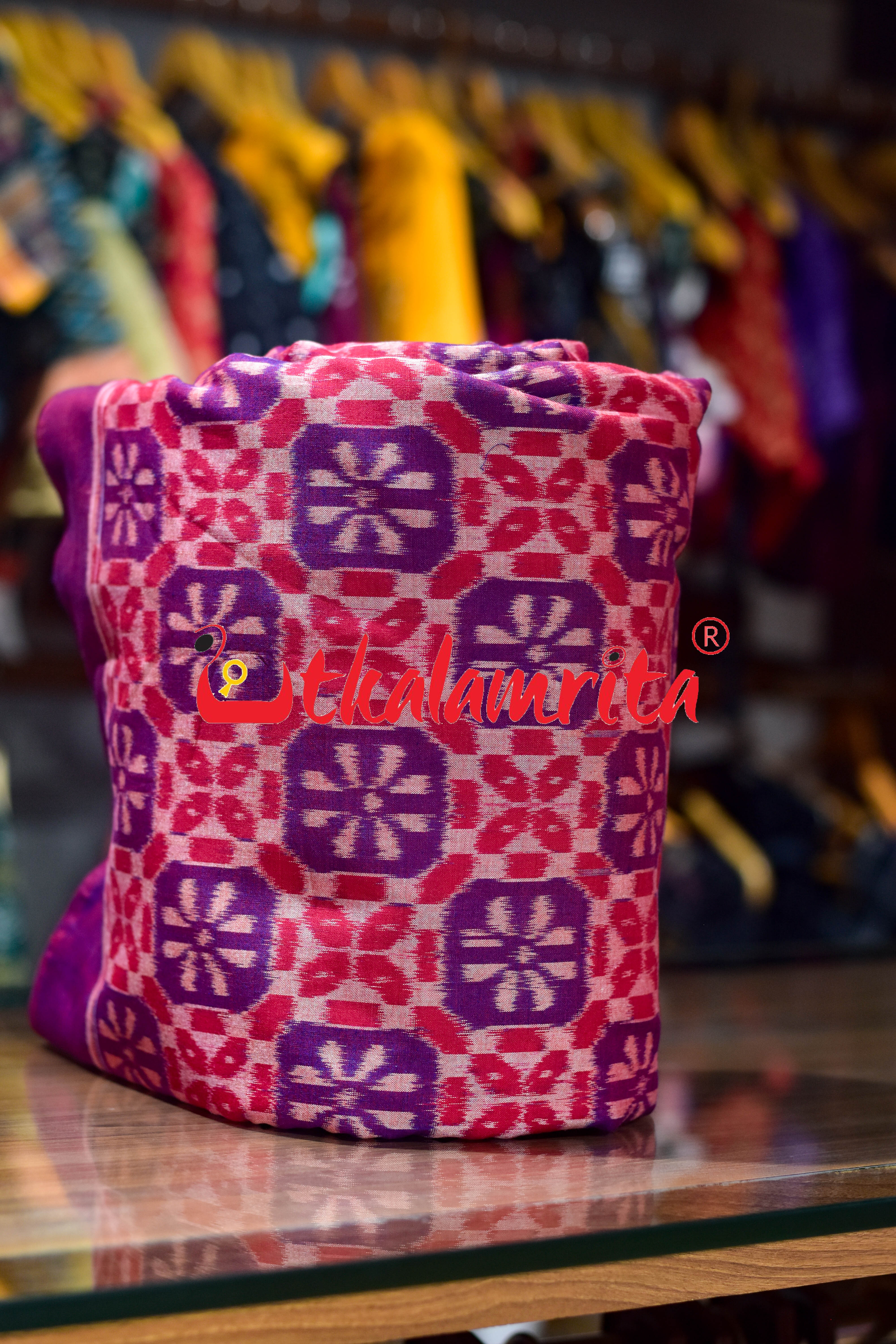 Red Blue 3D Flower Sambalpuri Cotton (Fabric)