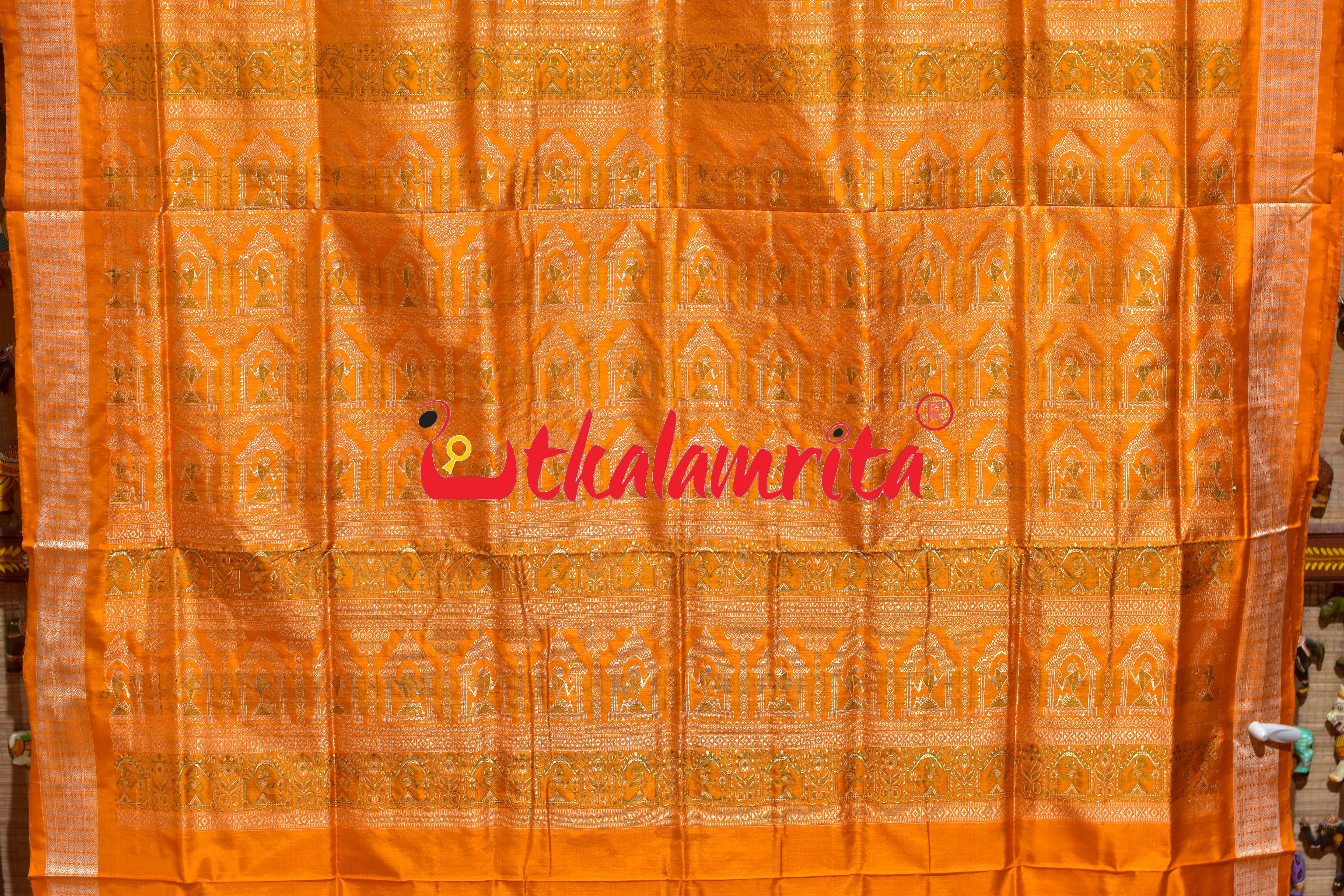 White Orange Mukuta Bomkai Silk Saree