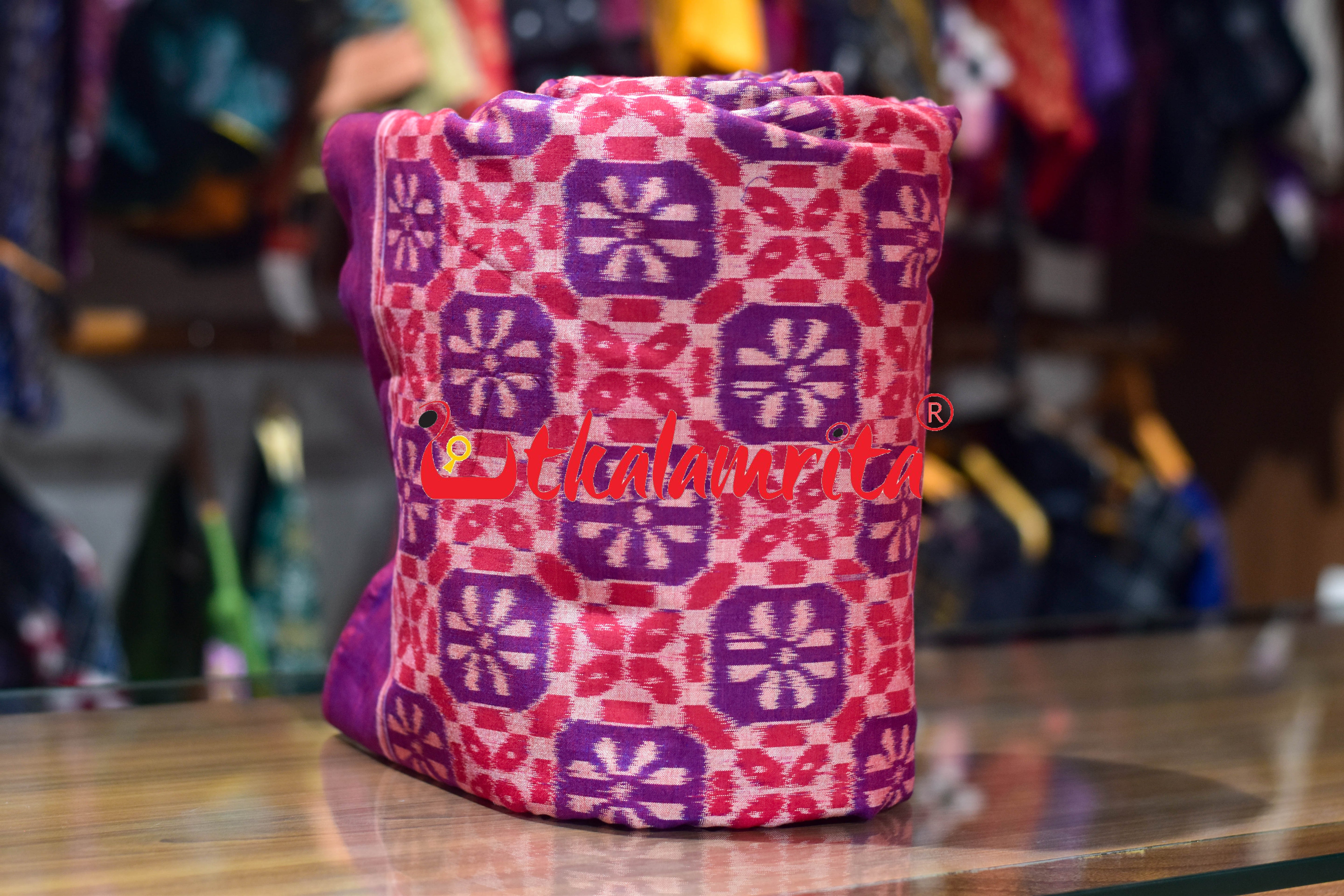 Red Blue 3D Flower Sambalpuri Cotton (Fabric)