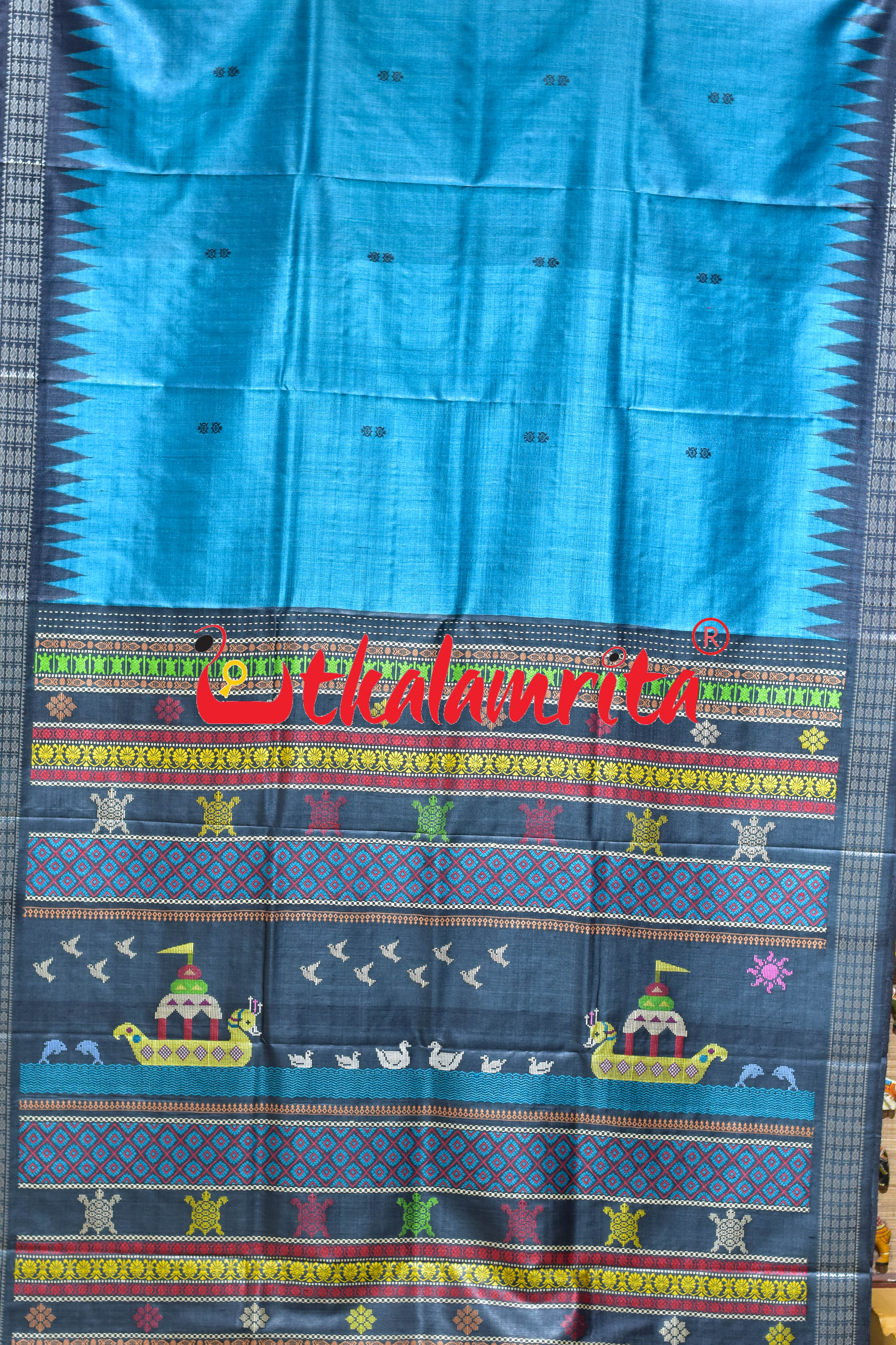 Boita Olive Ridley Blue Black Tussar Silk Saree