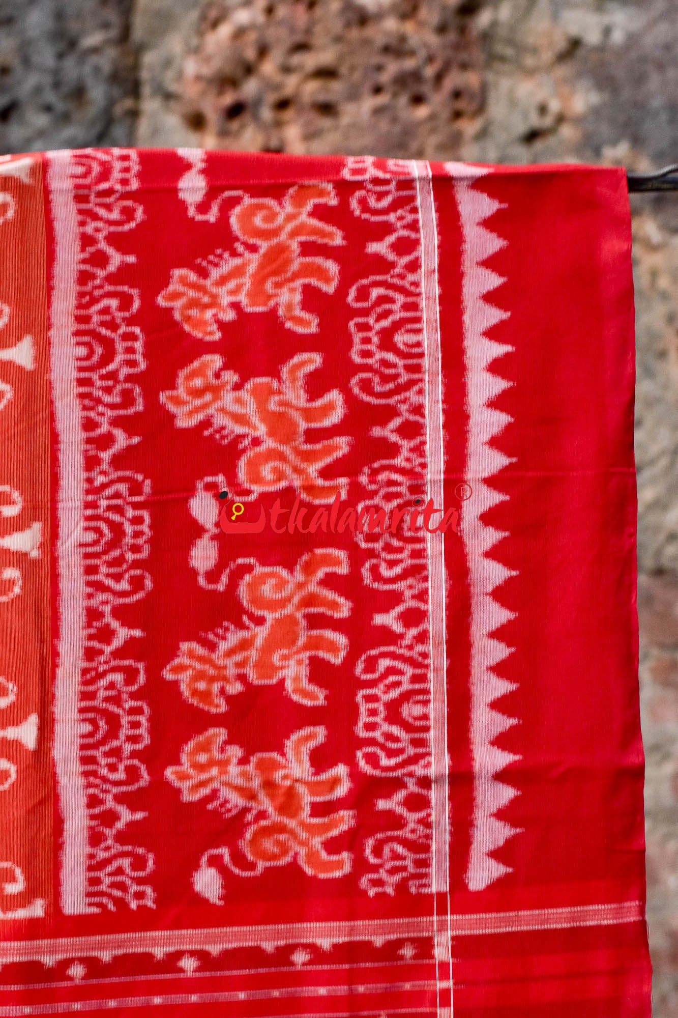Lion Border Brown Red Sambalpuri Cotton Saree
