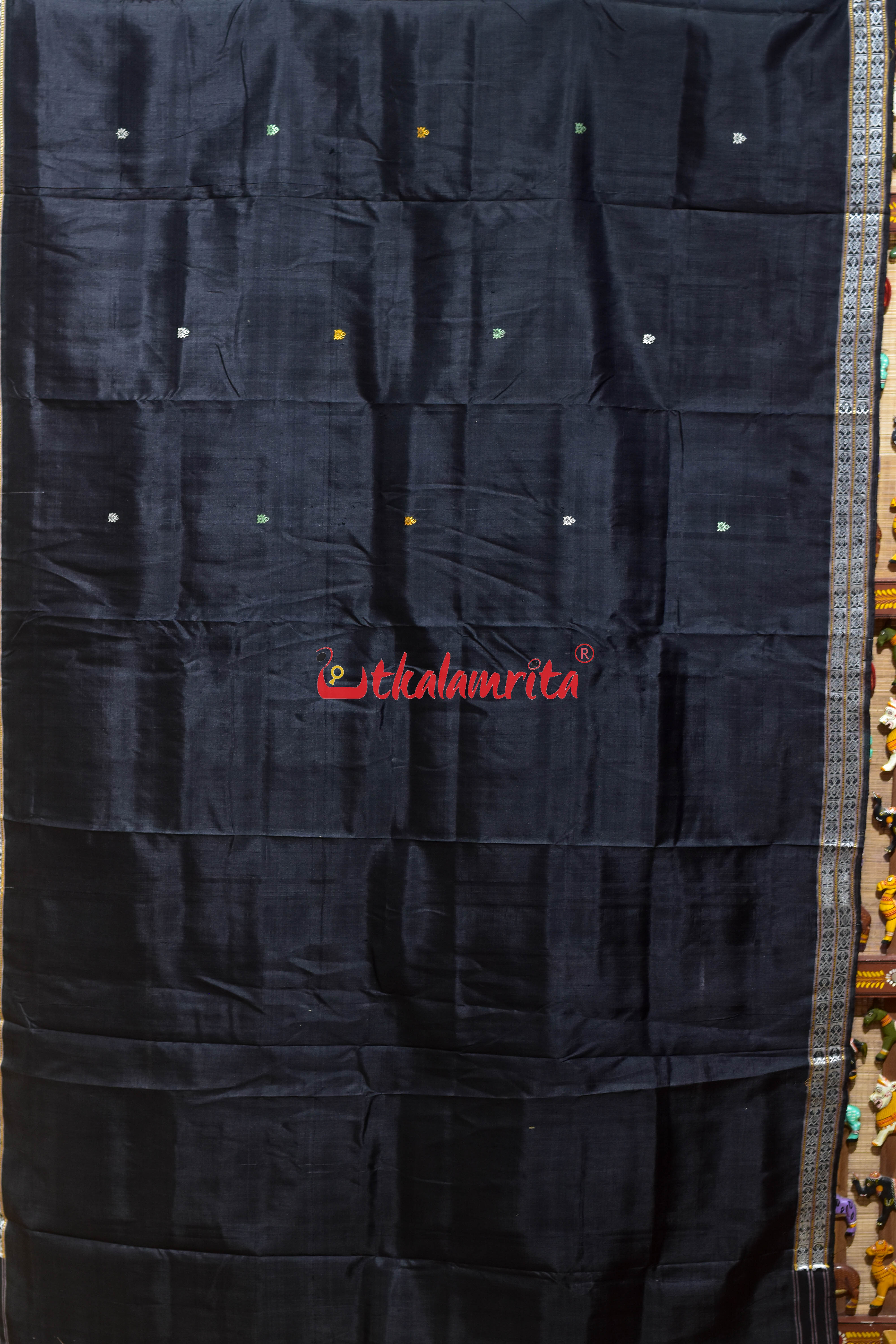 Self Black Turtle Buti Wedding Aanchal Khandua Silk Saree