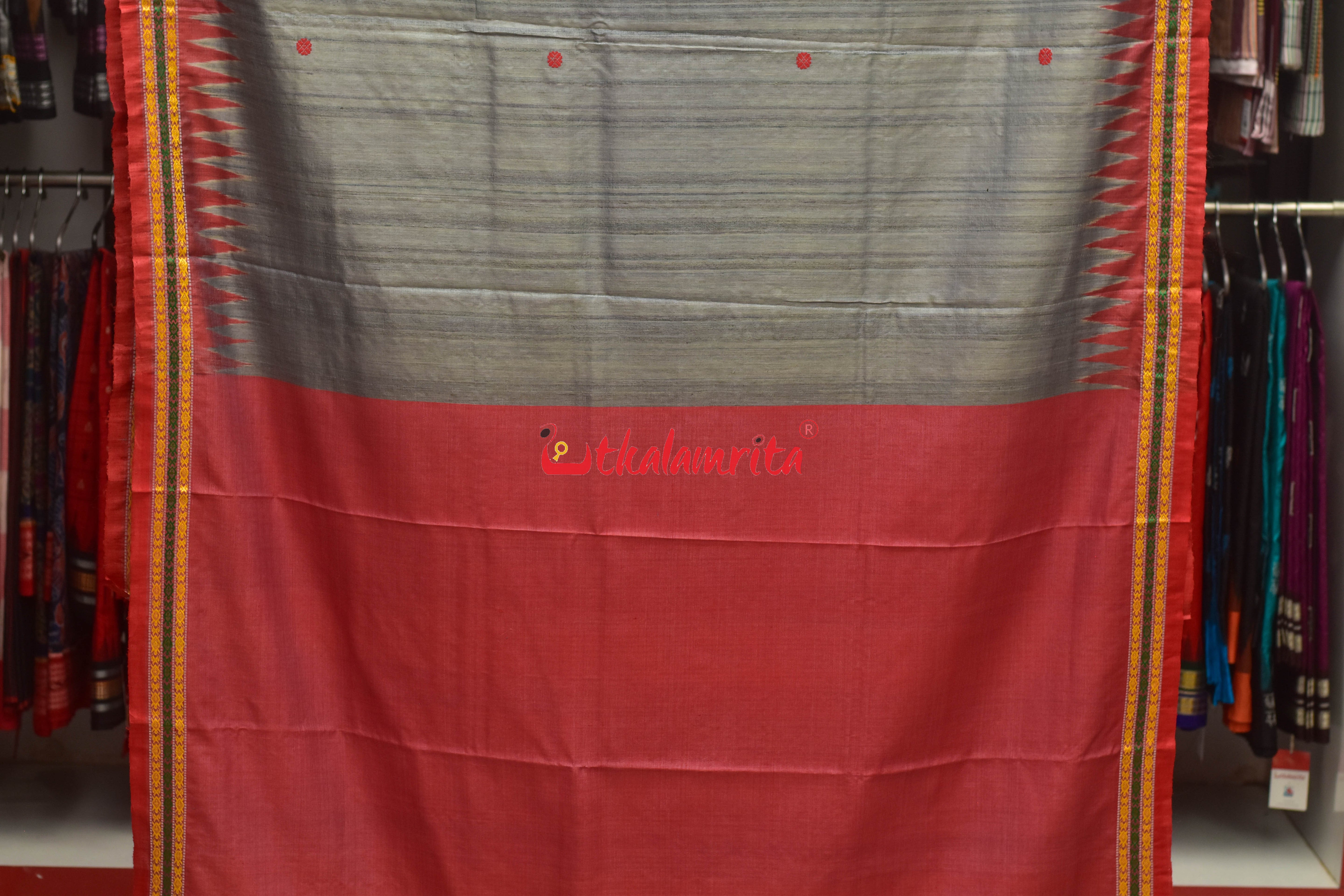 Grey Red Tortoise Border Jaala Anchal Tussar Saree