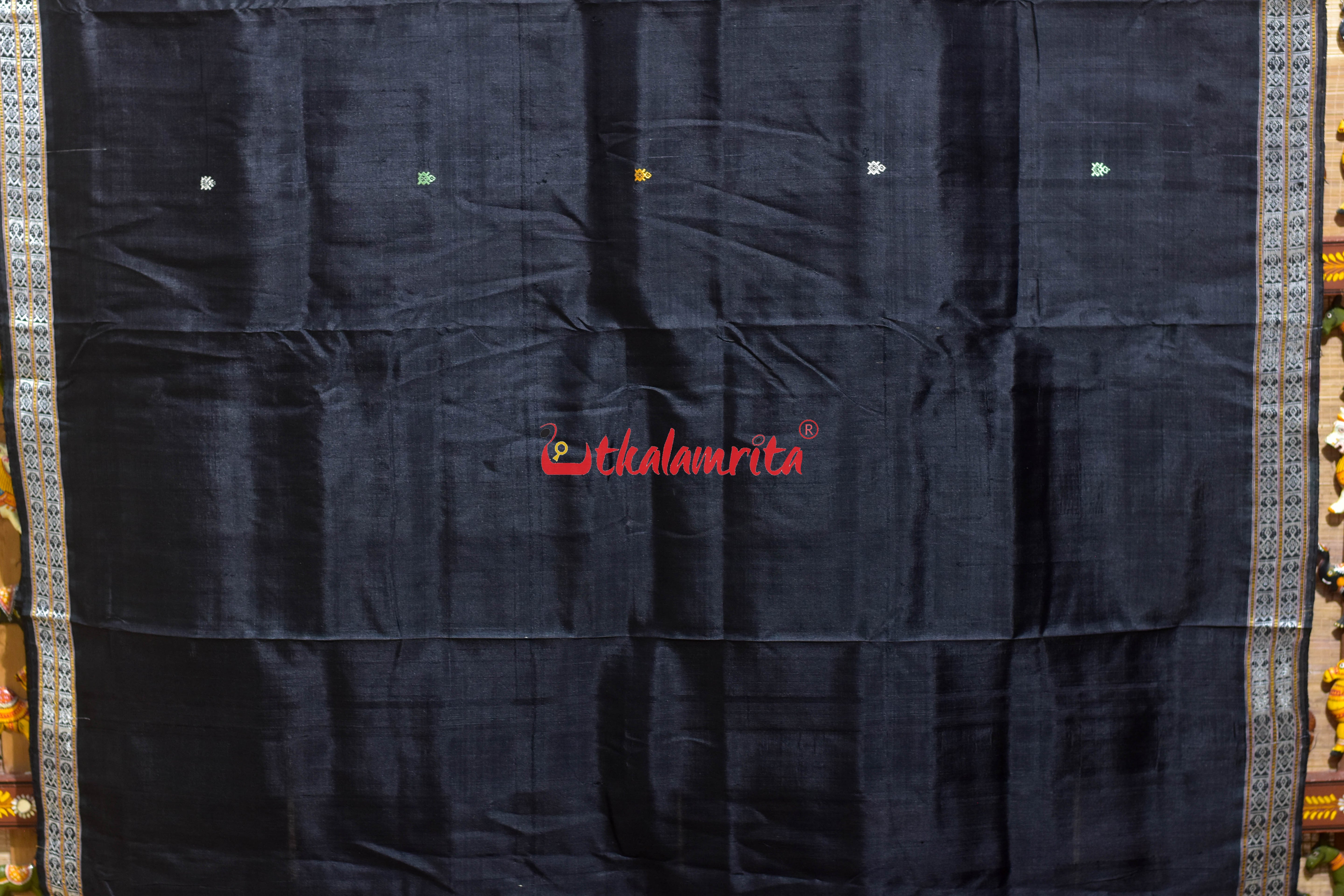 Self Black Turtle Buti Wedding Aanchal Khandua Silk Saree