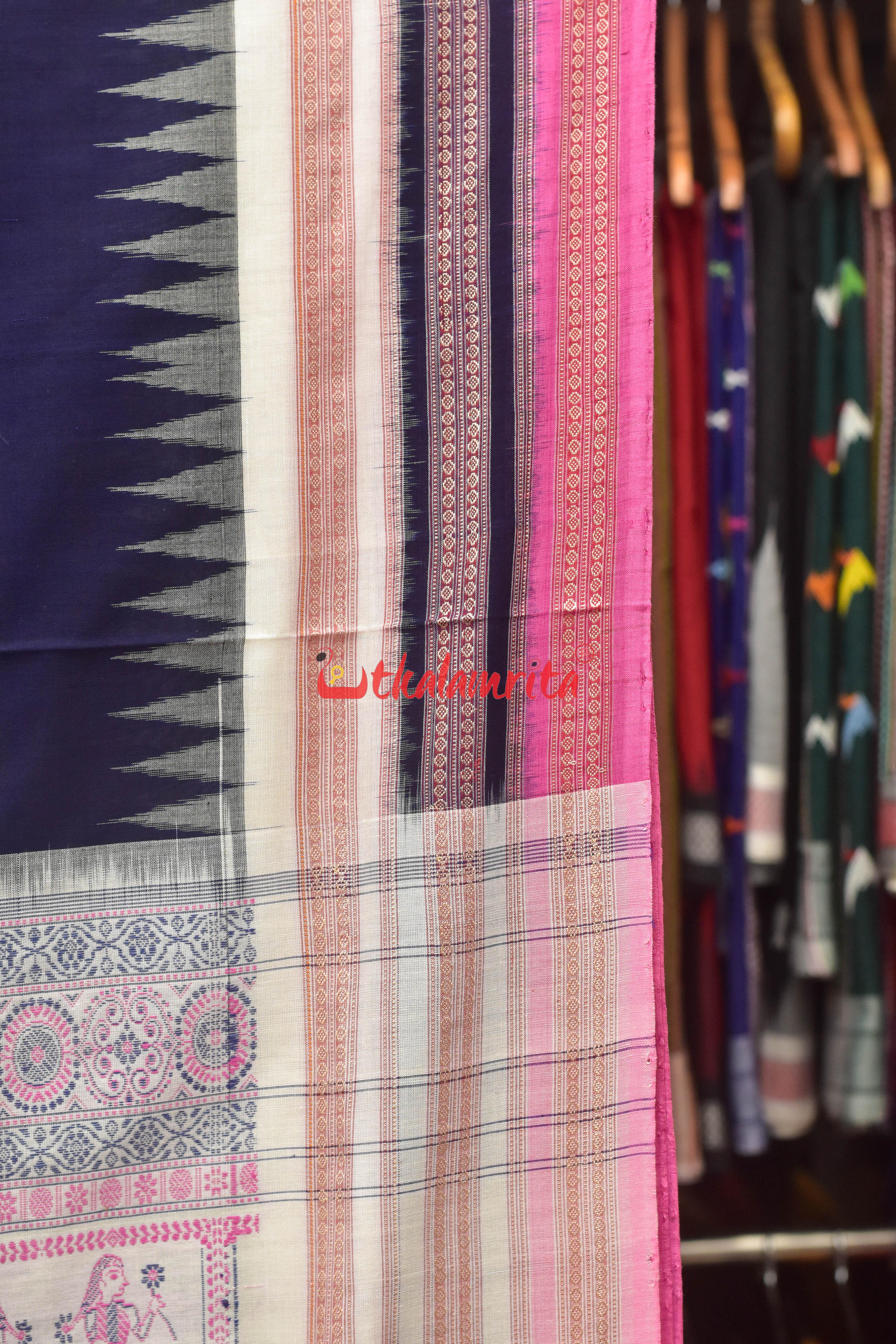 Ink Blue Pink Border Double Doll Bomkai Cotton Saree