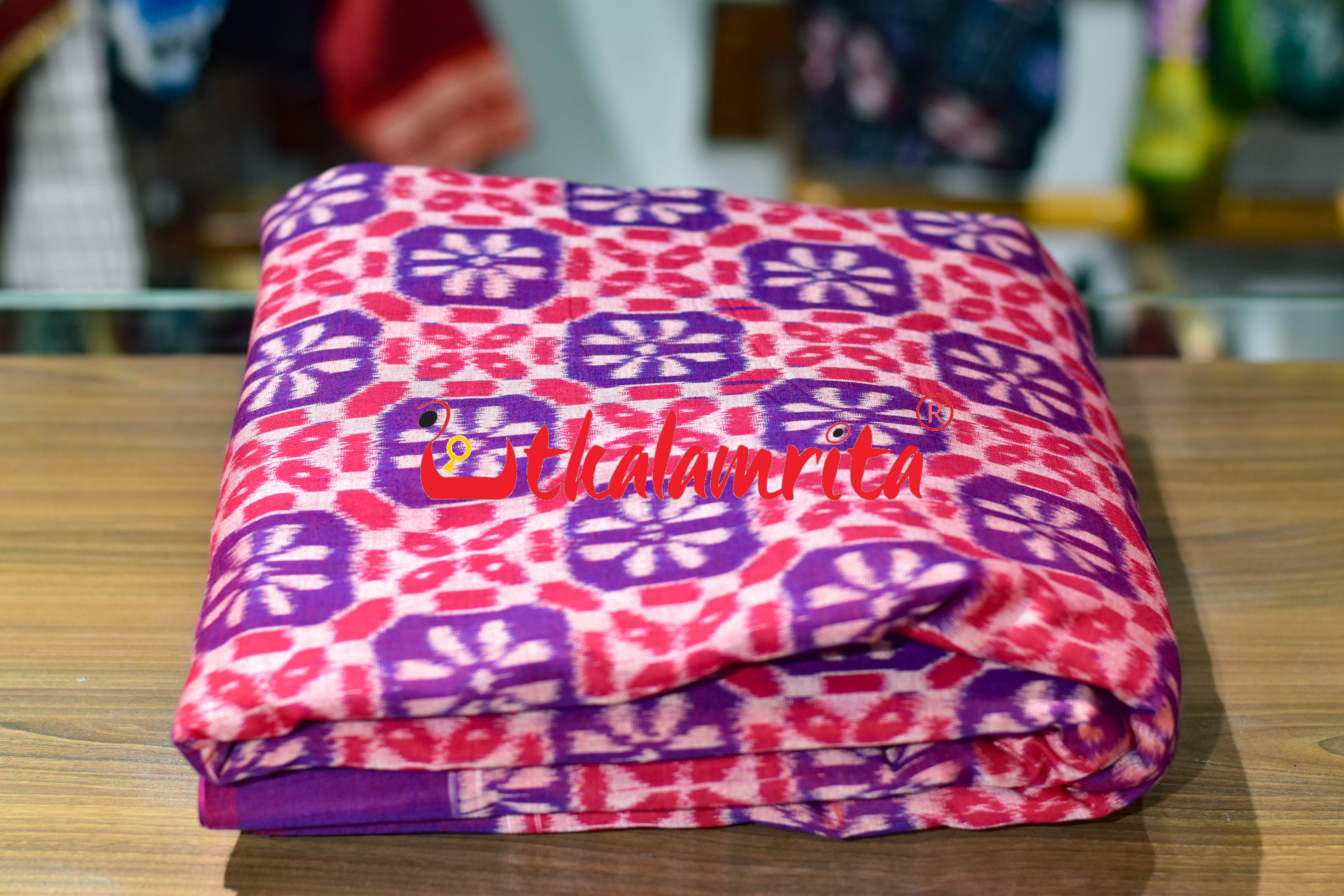 Red Blue 3D Flower Sambalpuri Cotton (Fabric)