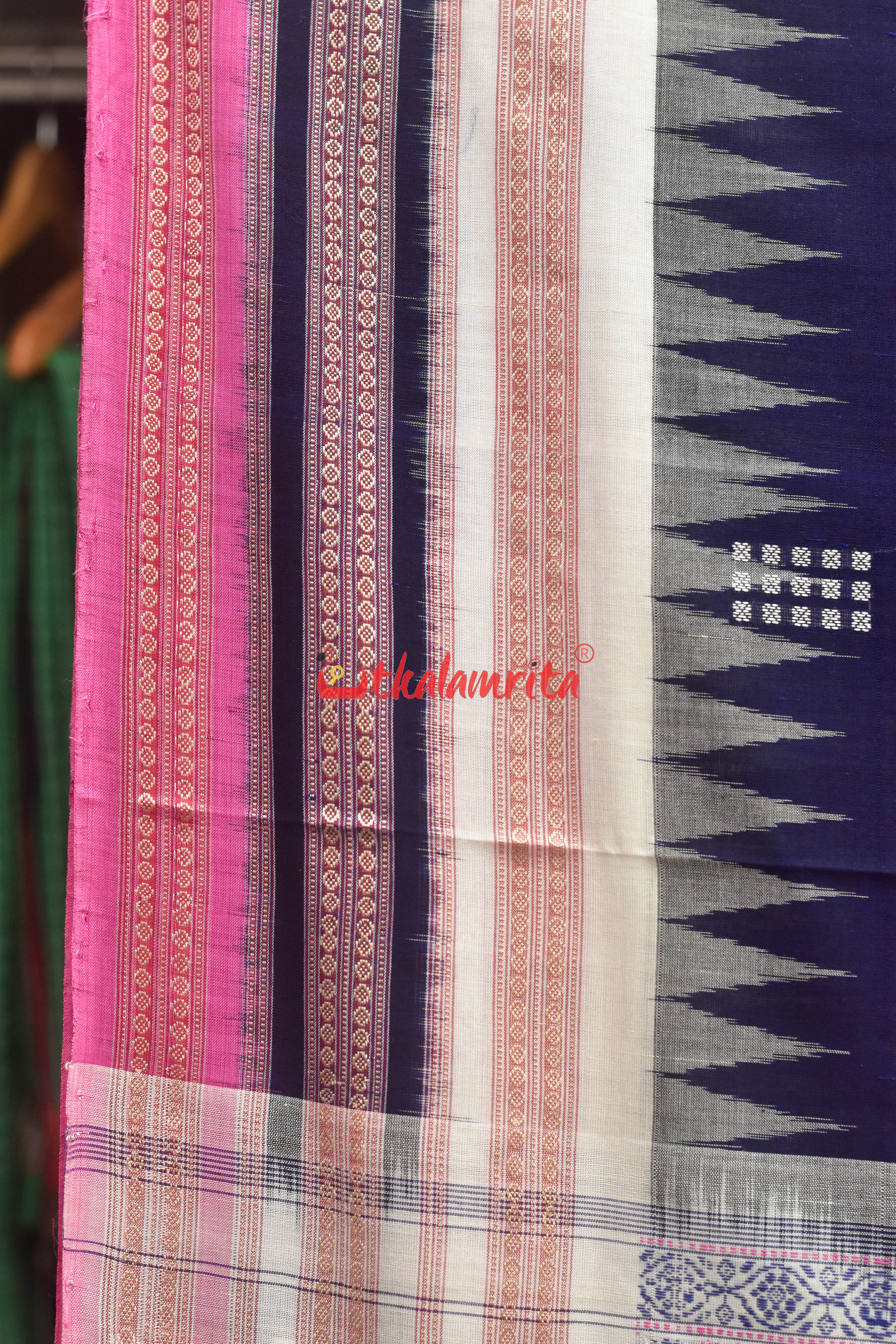 Ink Blue Pink Border Double Doll Bomkai Cotton Saree