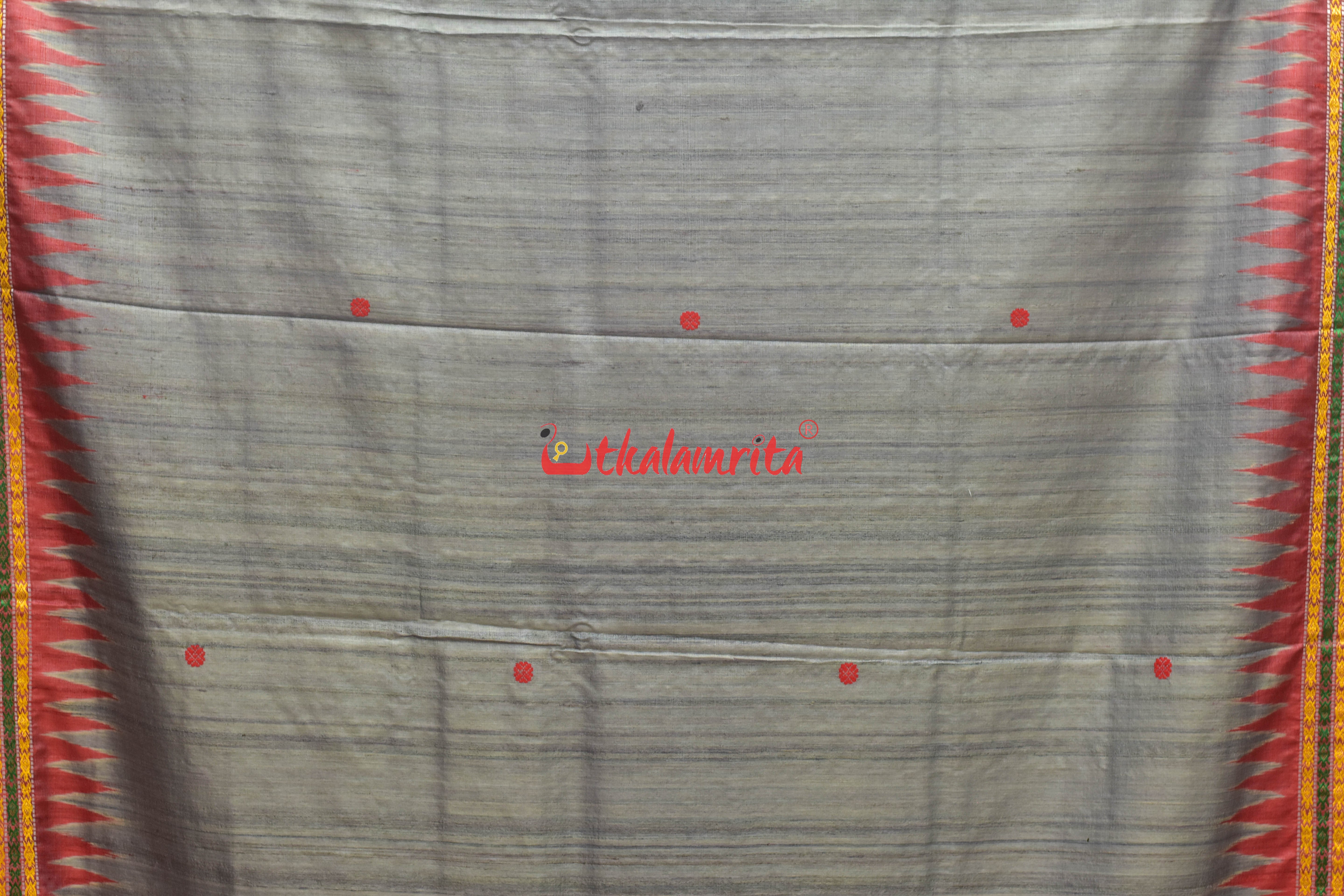 Grey Red Tortoise Border Jaala Anchal Tussar Saree