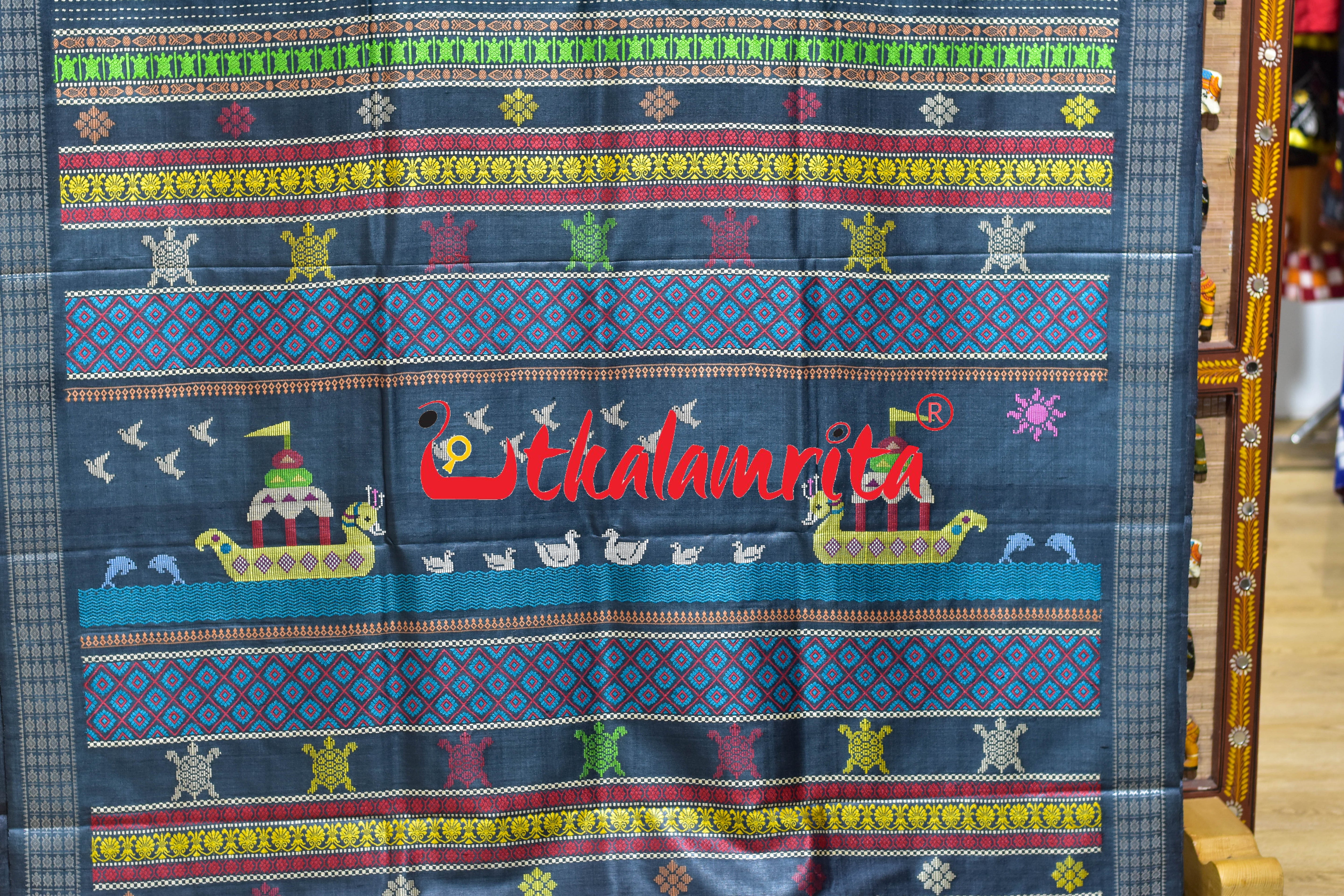 Boita Olive Ridley Blue Black Tussar Silk Saree