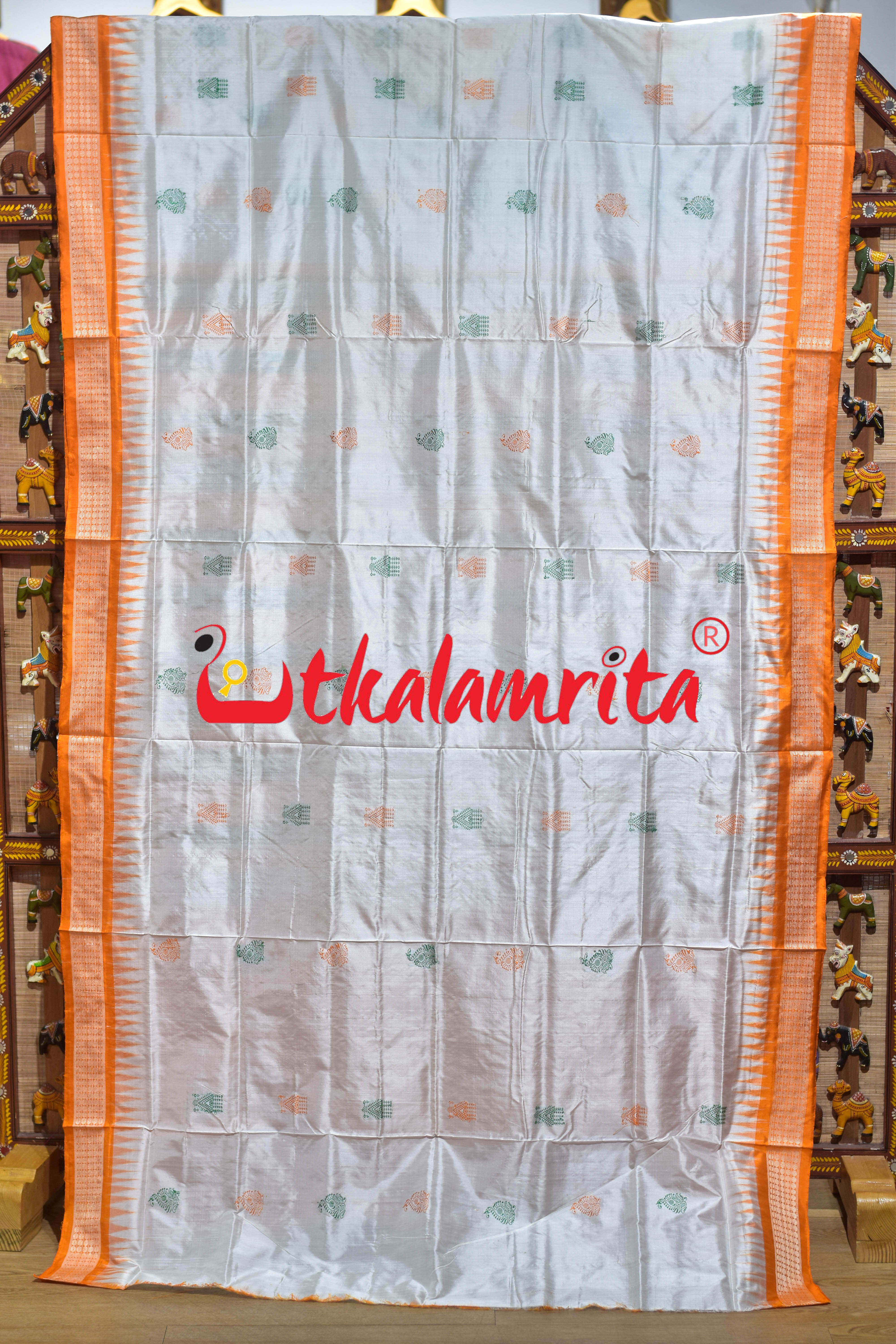 White Orange Mukuta Bomkai Silk Saree