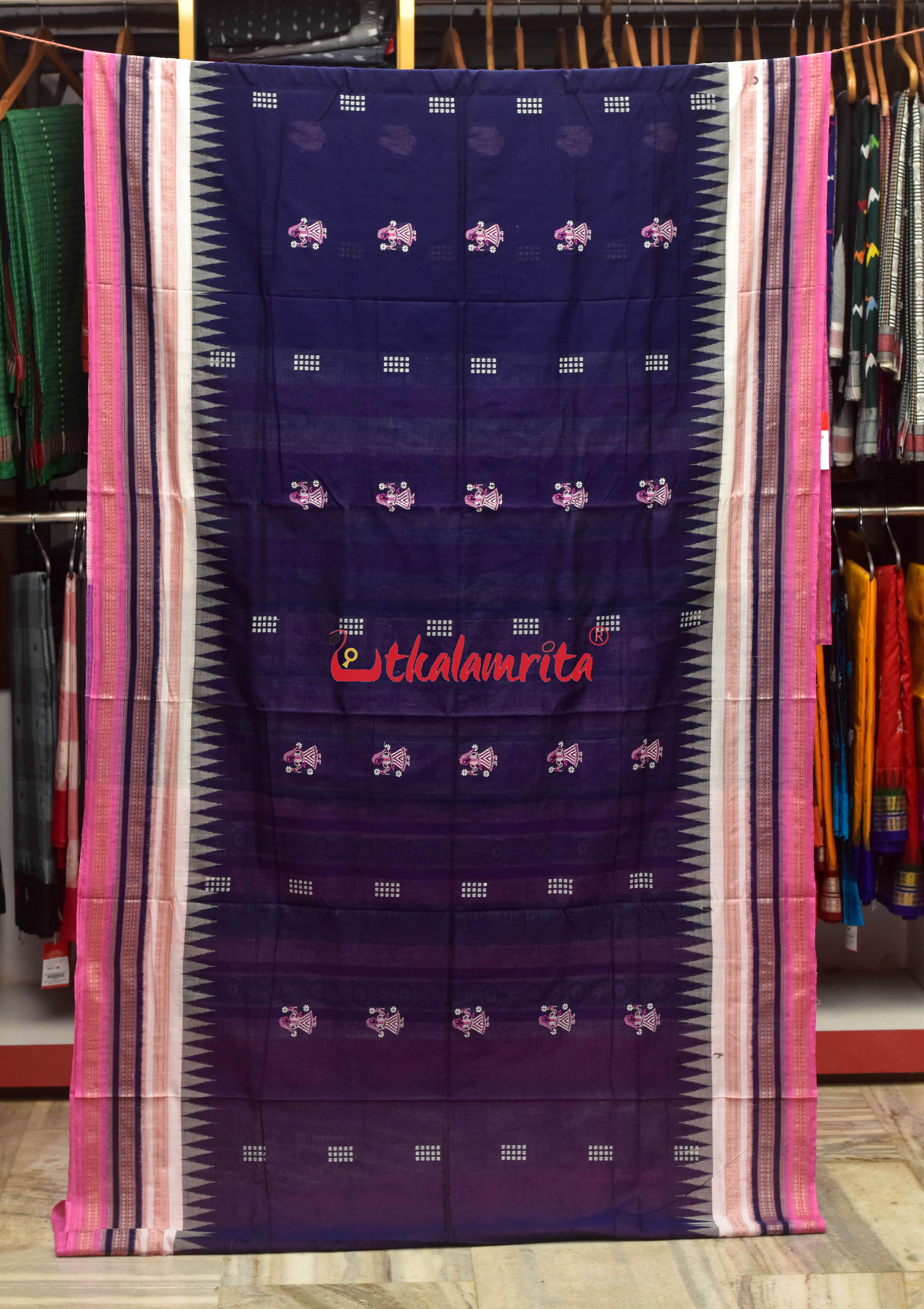 Ink Blue Pink Border Double Doll Bomkai Cotton Saree