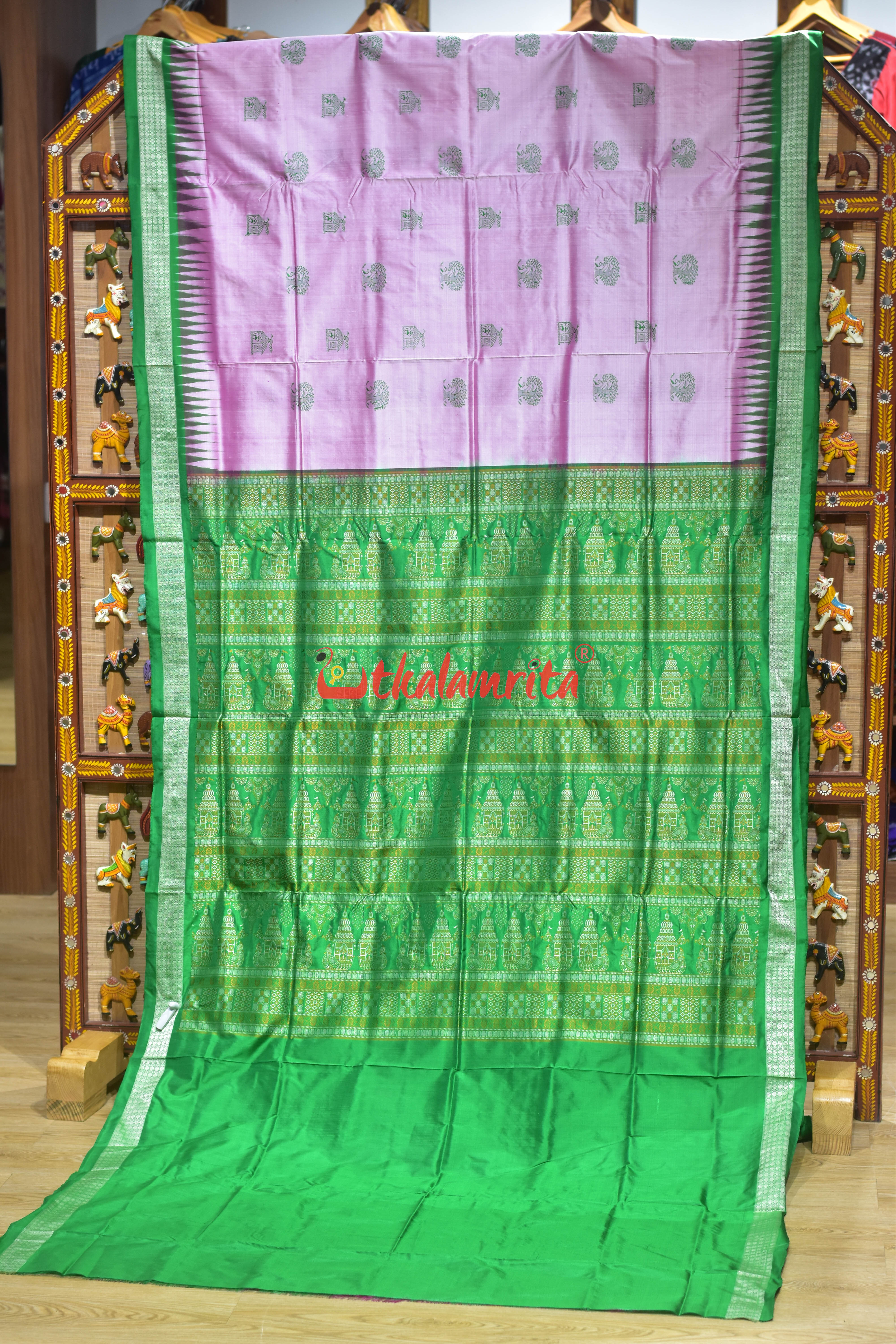 Pink House &Tree Bomkai Silk Saree