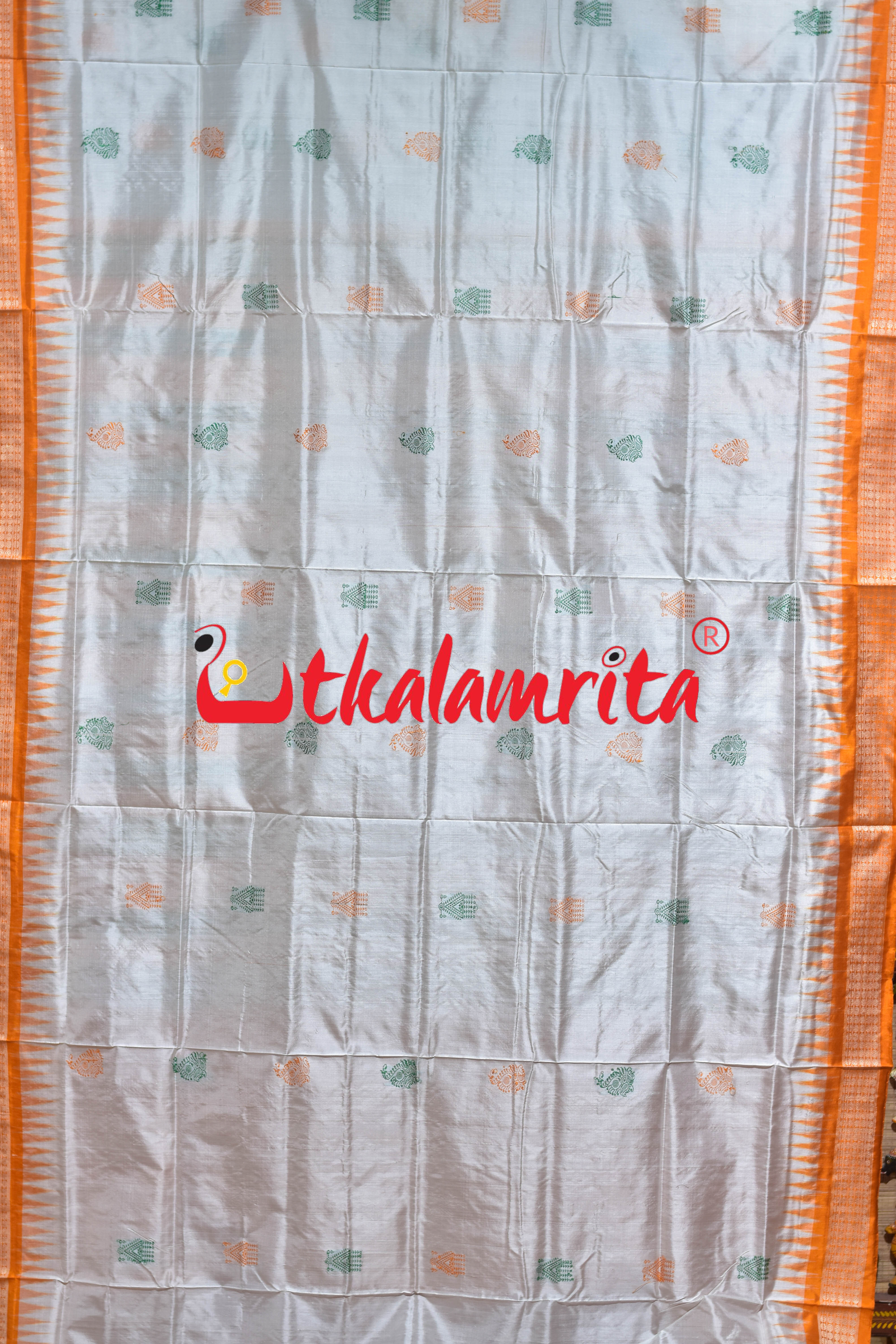 White Orange Mukuta Bomkai Silk Saree