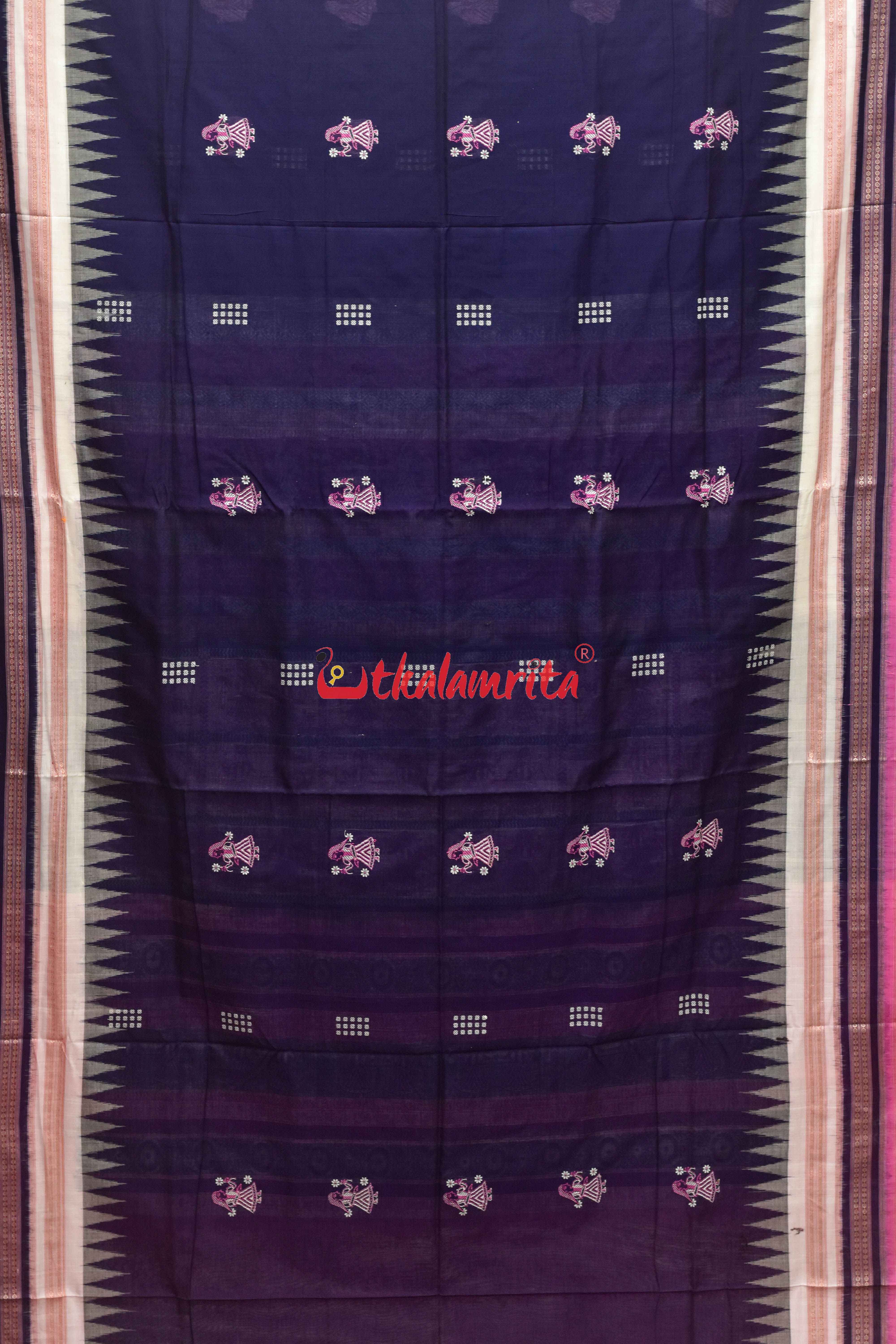 Ink Blue Pink Border Double Doll Bomkai Cotton Saree