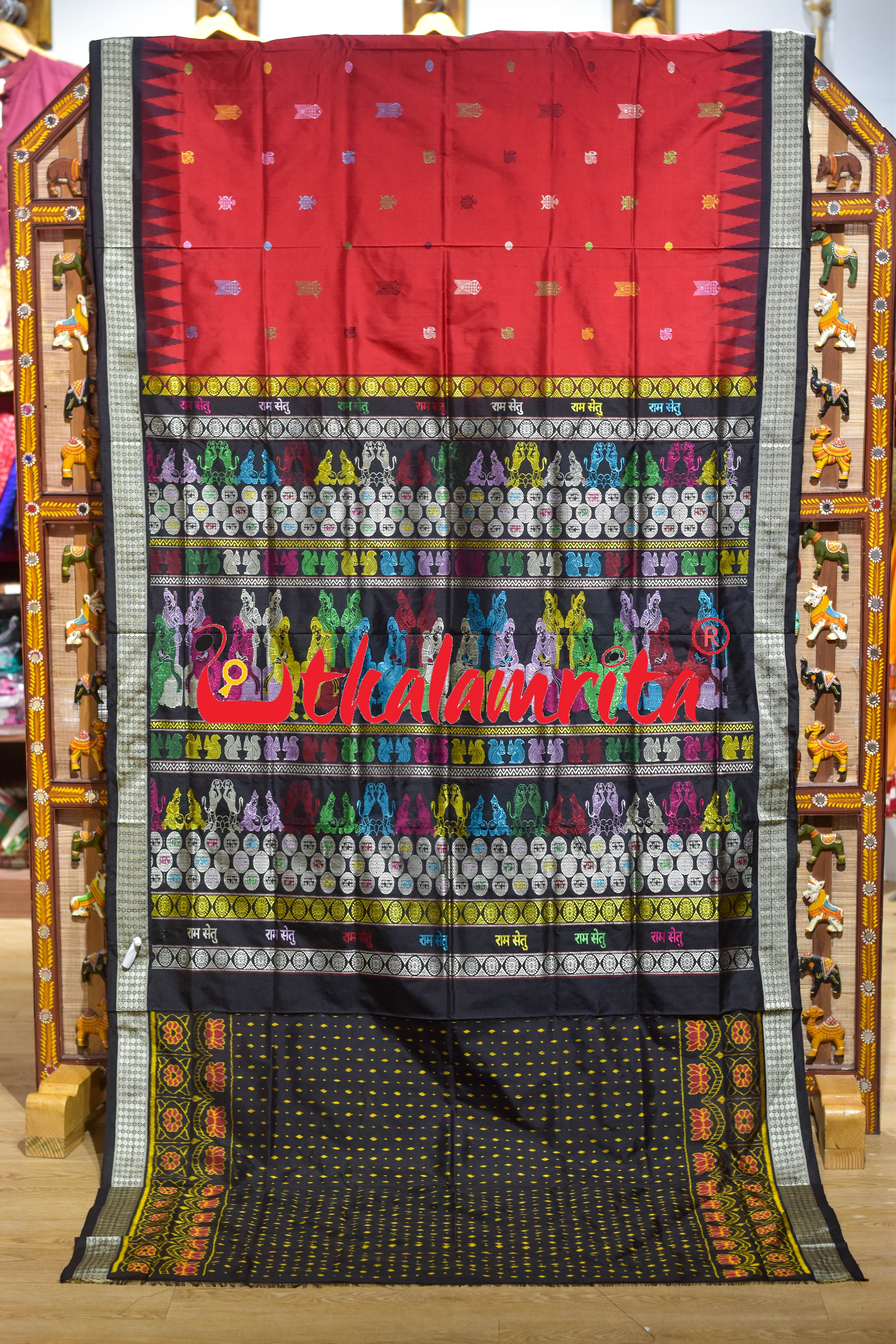 Rama Setu Red Black Bomkai Silk Saree