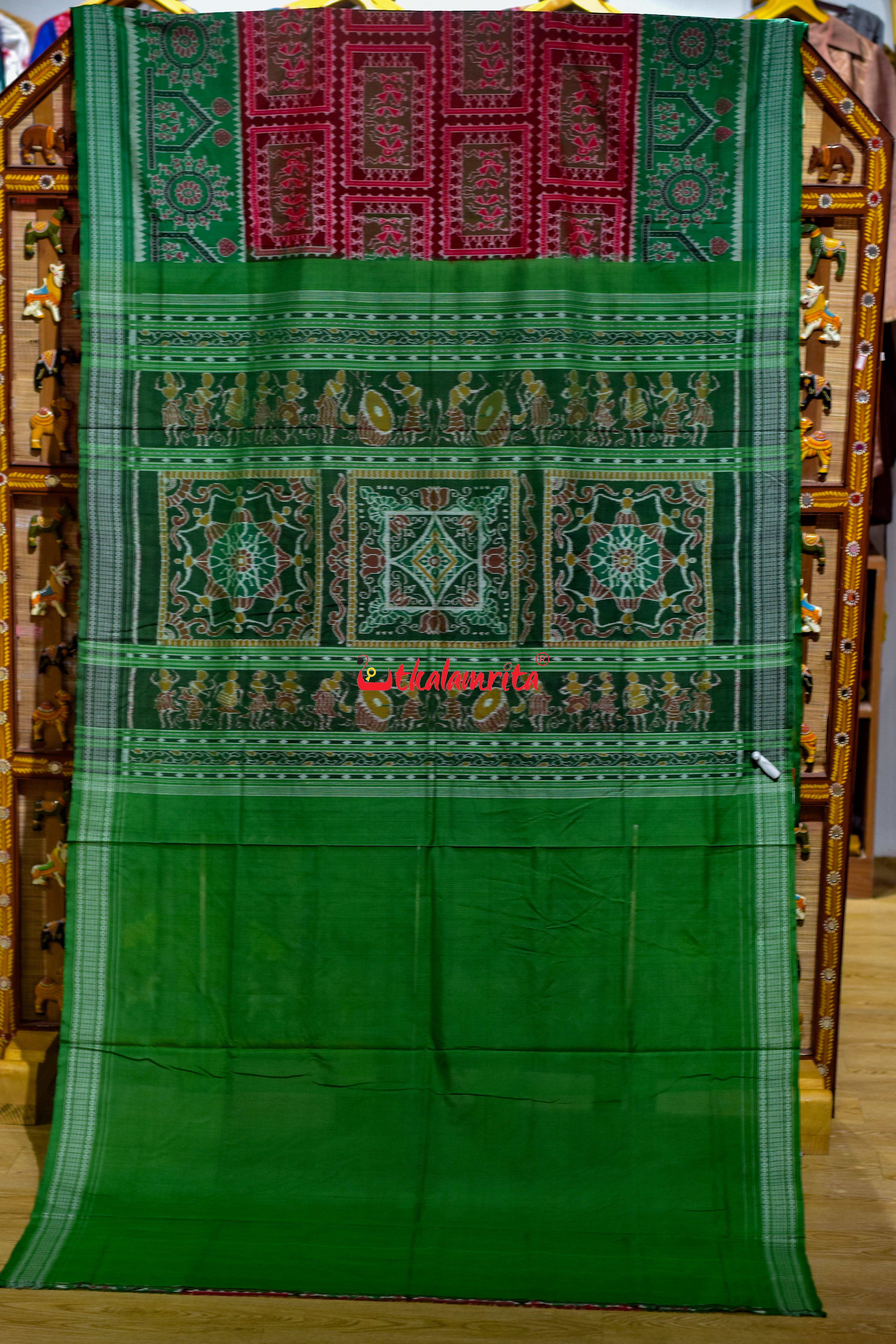 Red Green Tribal Chakra Sambalpuri Cotton Saree