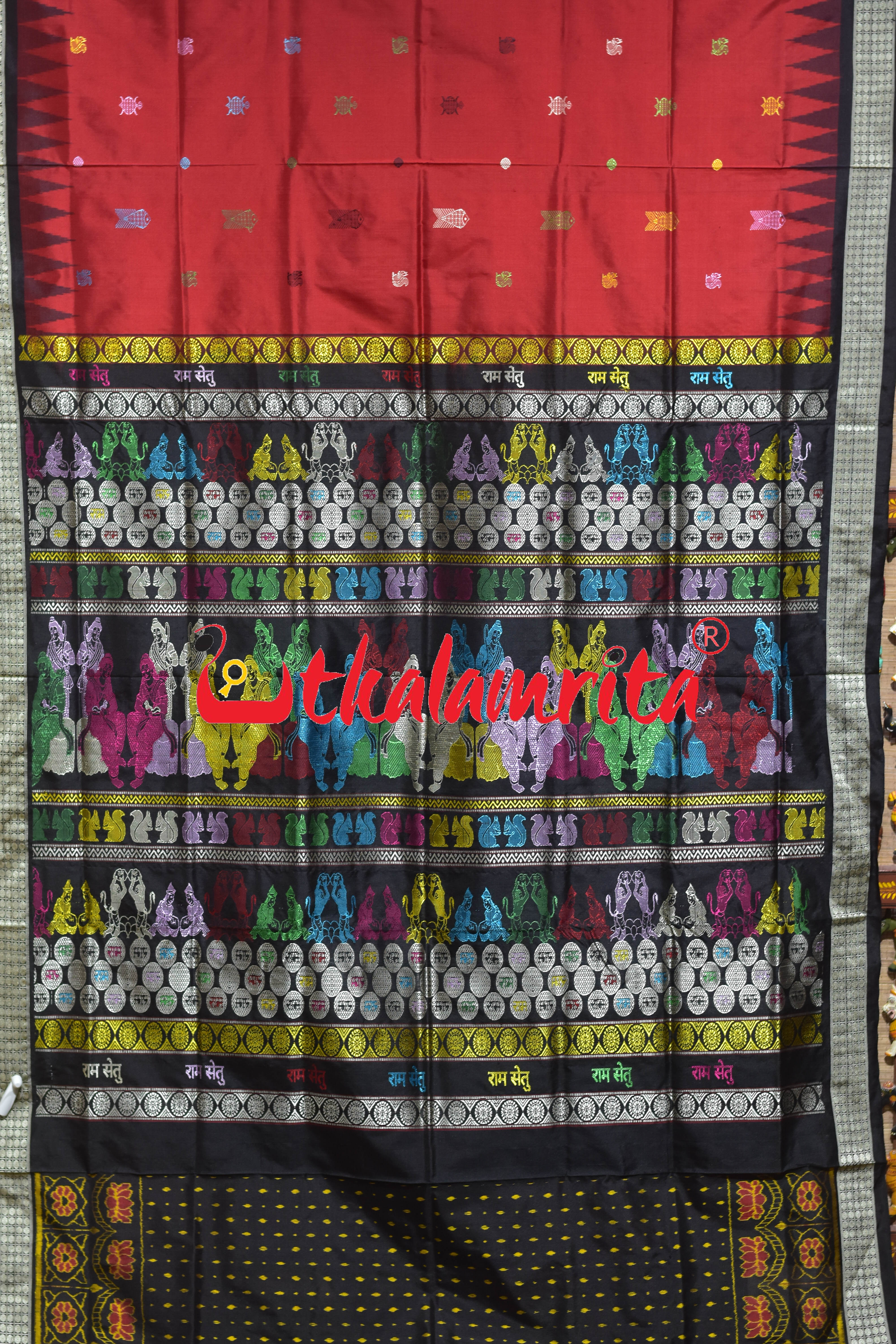 Rama Setu Red Black Bomkai Silk Saree