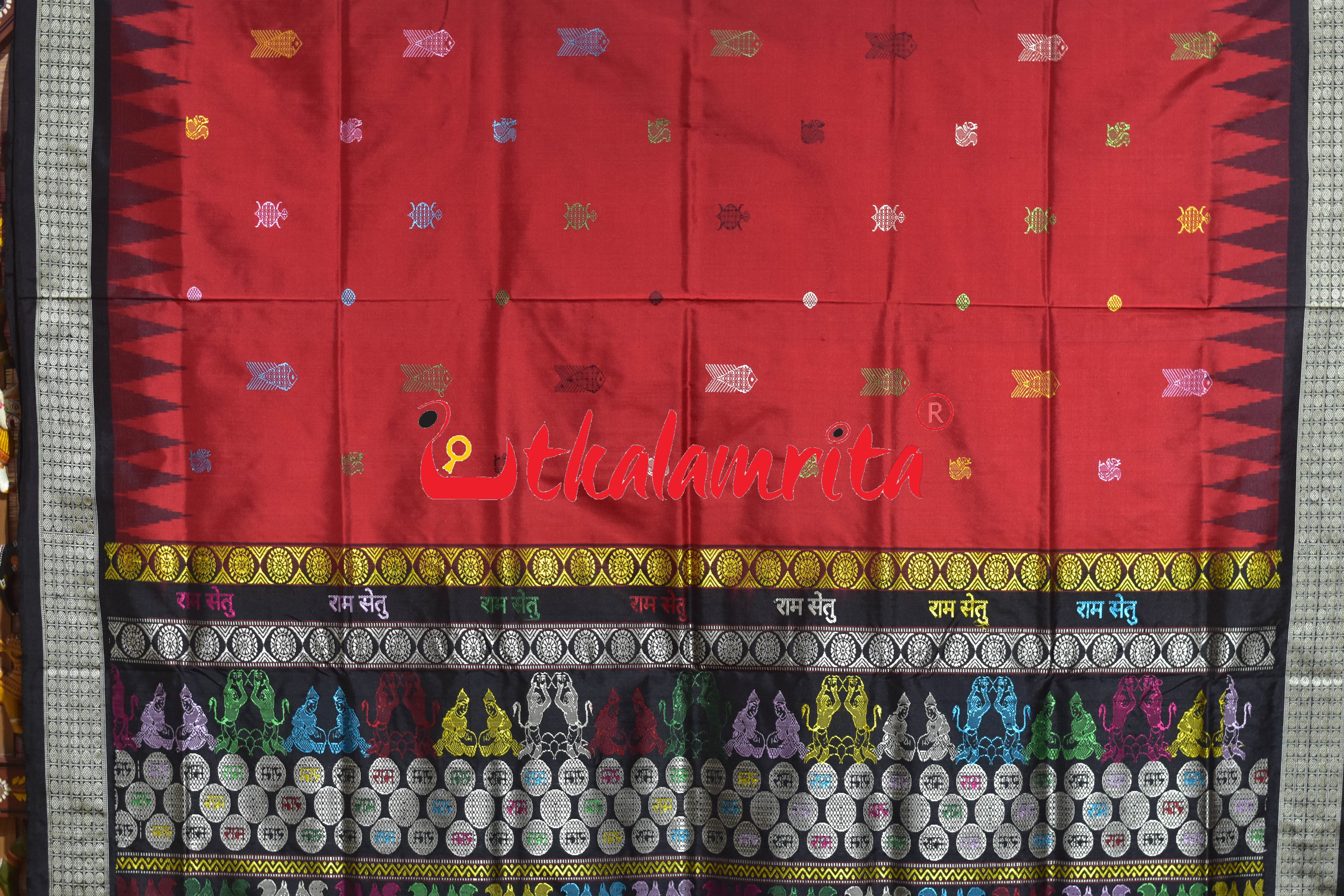 Rama Setu Red Black Bomkai Silk Saree