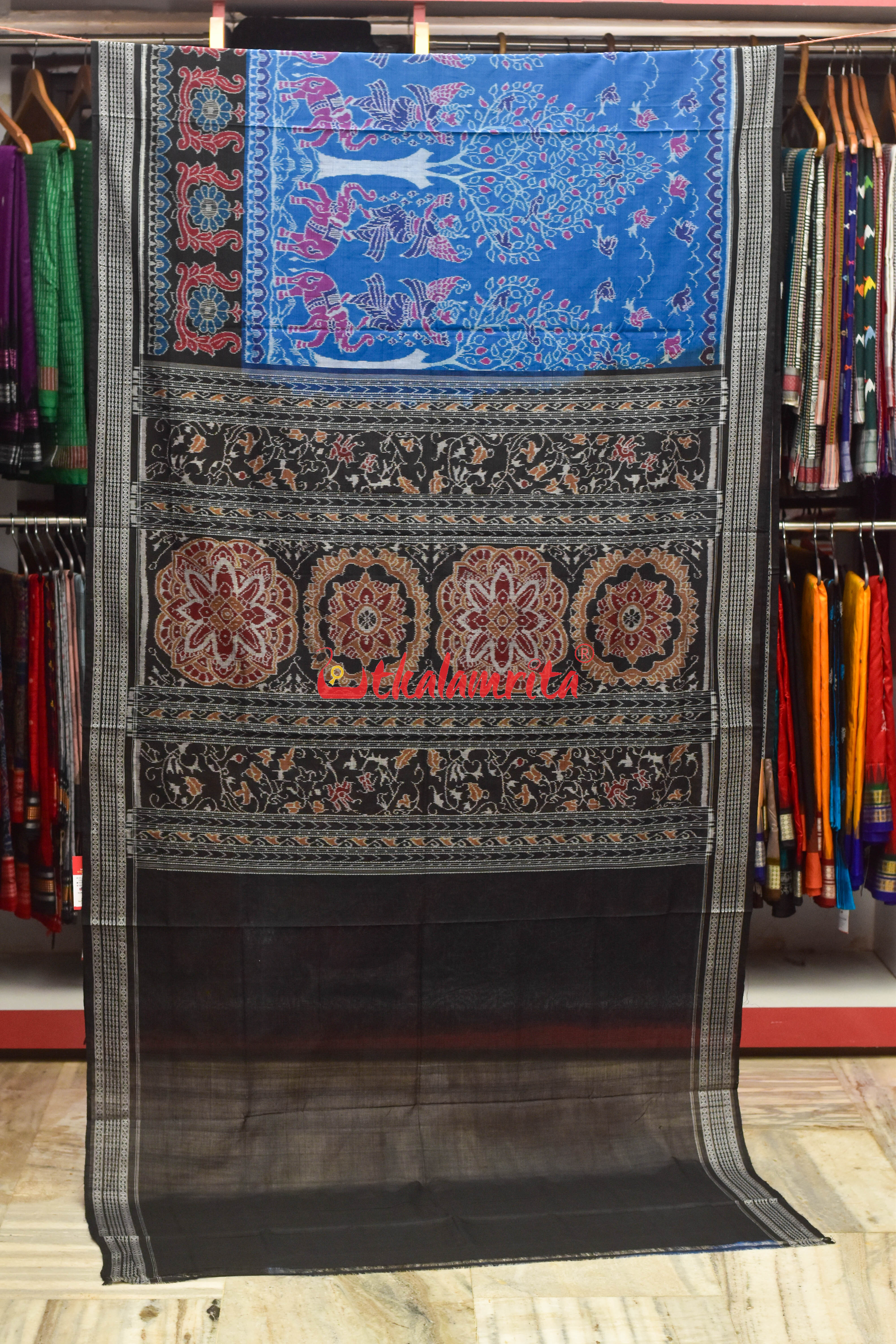 Blue Pari and Tree Scot Sambalpuri Cotton Saree