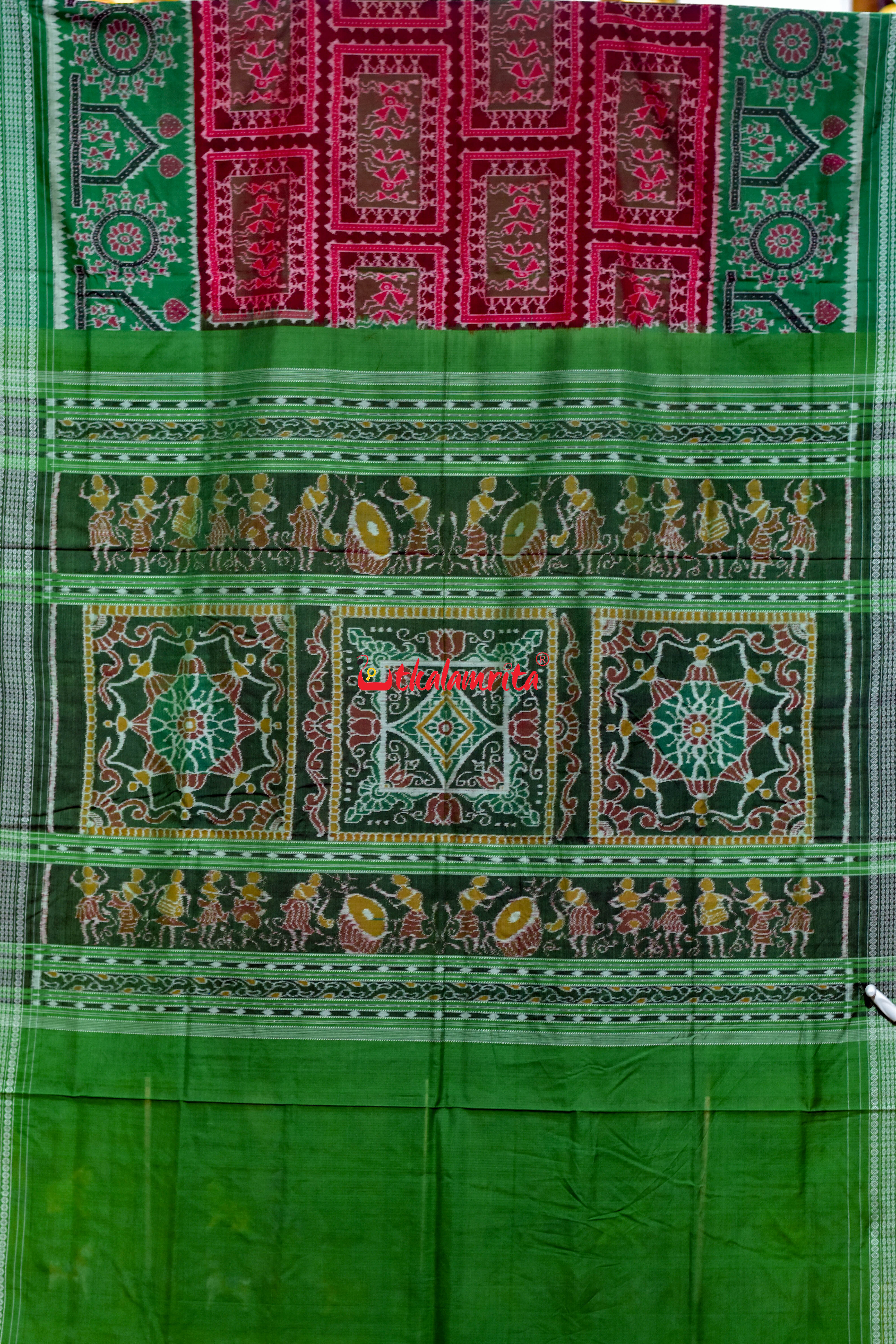 Red Green Tribal Chakra Sambalpuri Cotton Saree