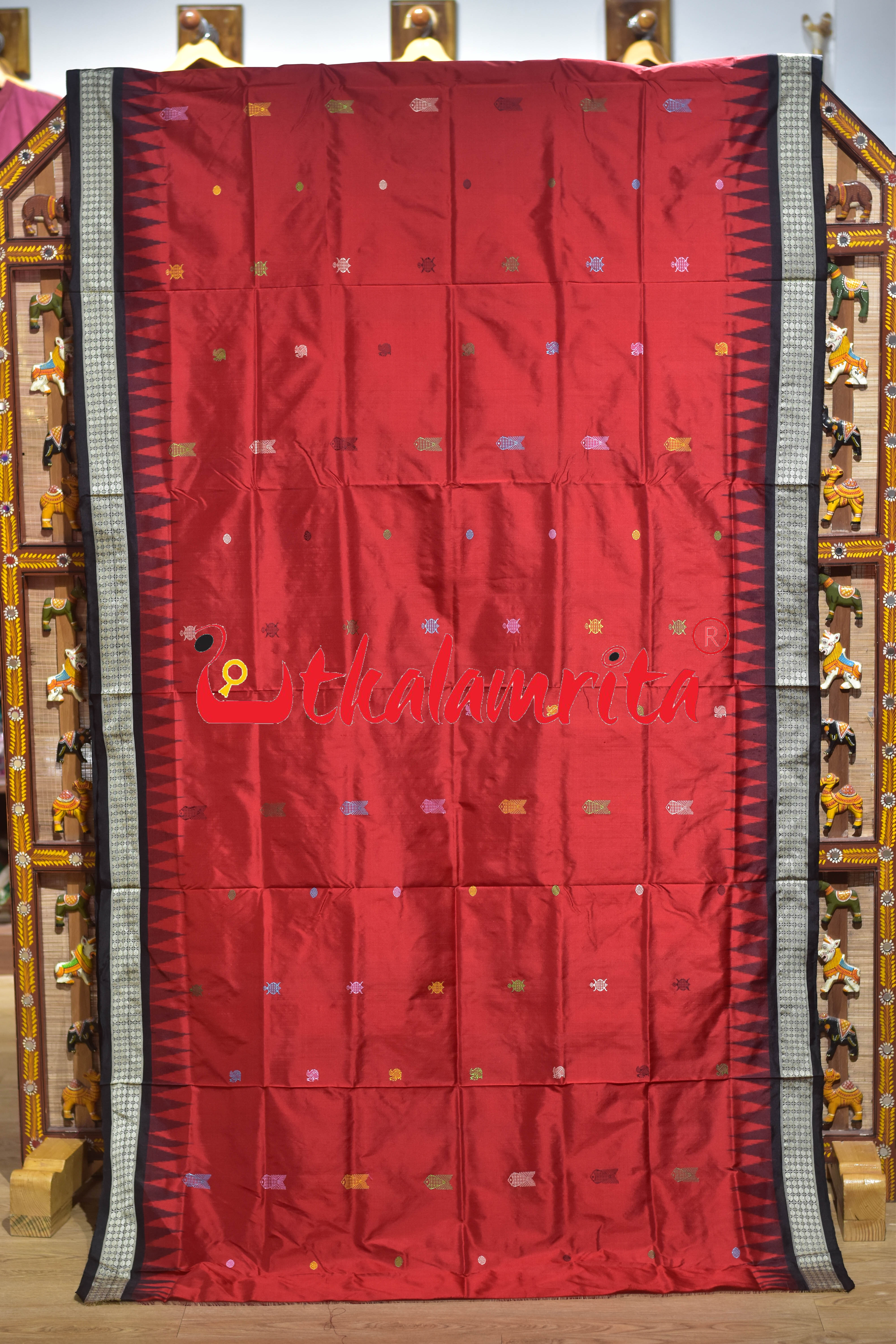 Rama Setu Red Black Bomkai Silk Saree