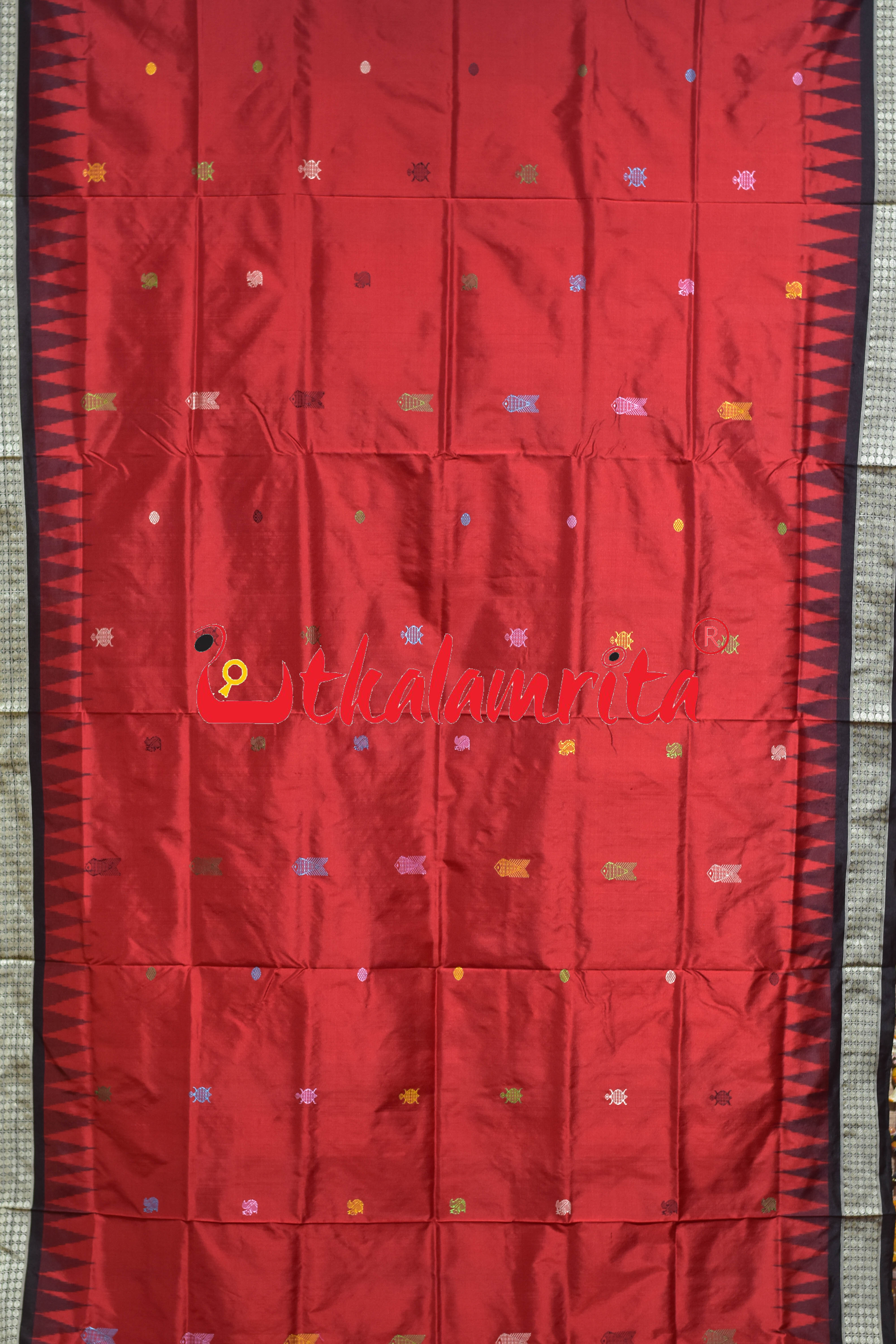 Rama Setu Red Black Bomkai Silk Saree