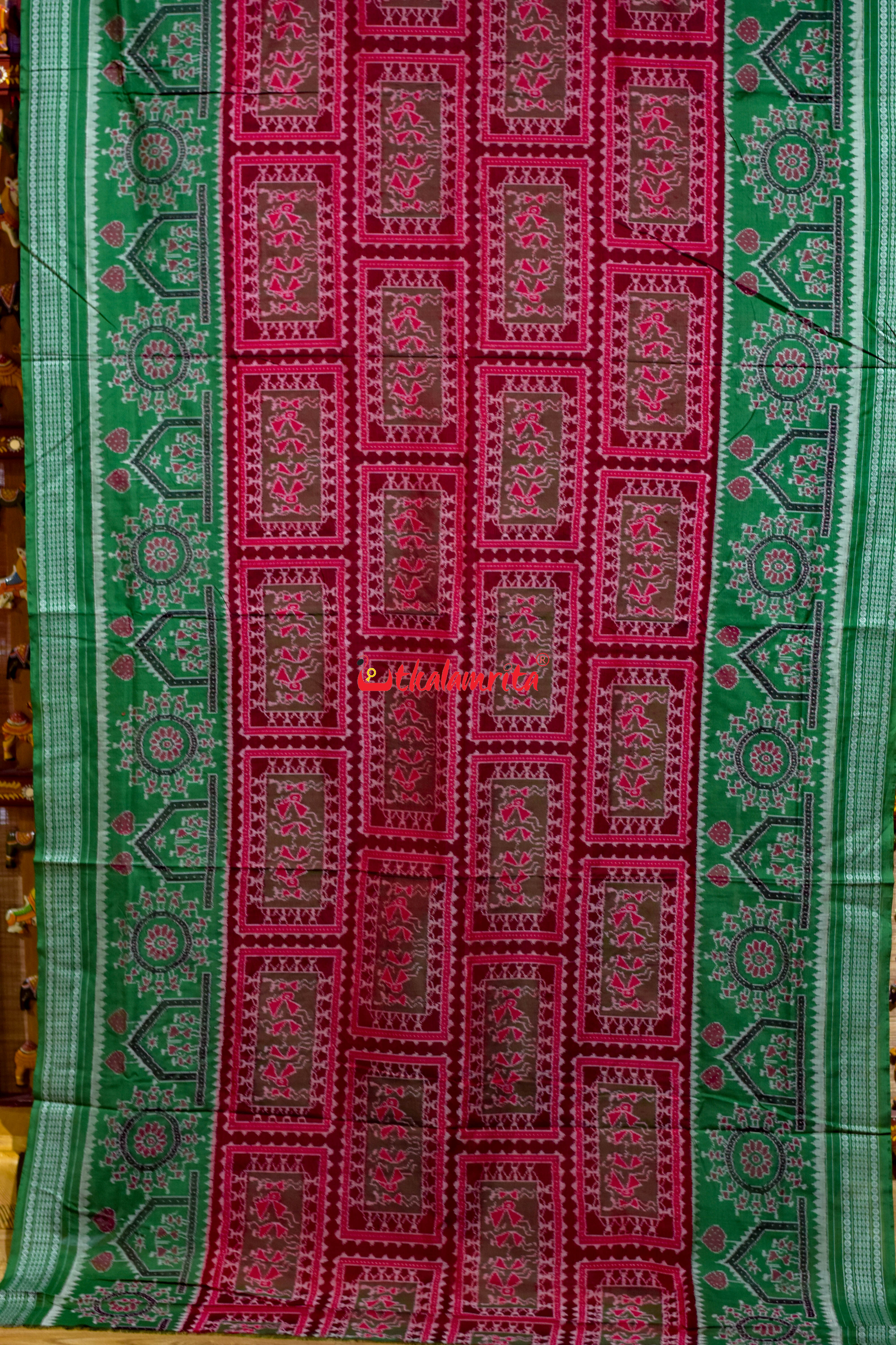 Red Green Tribal Chakra Sambalpuri Cotton Saree