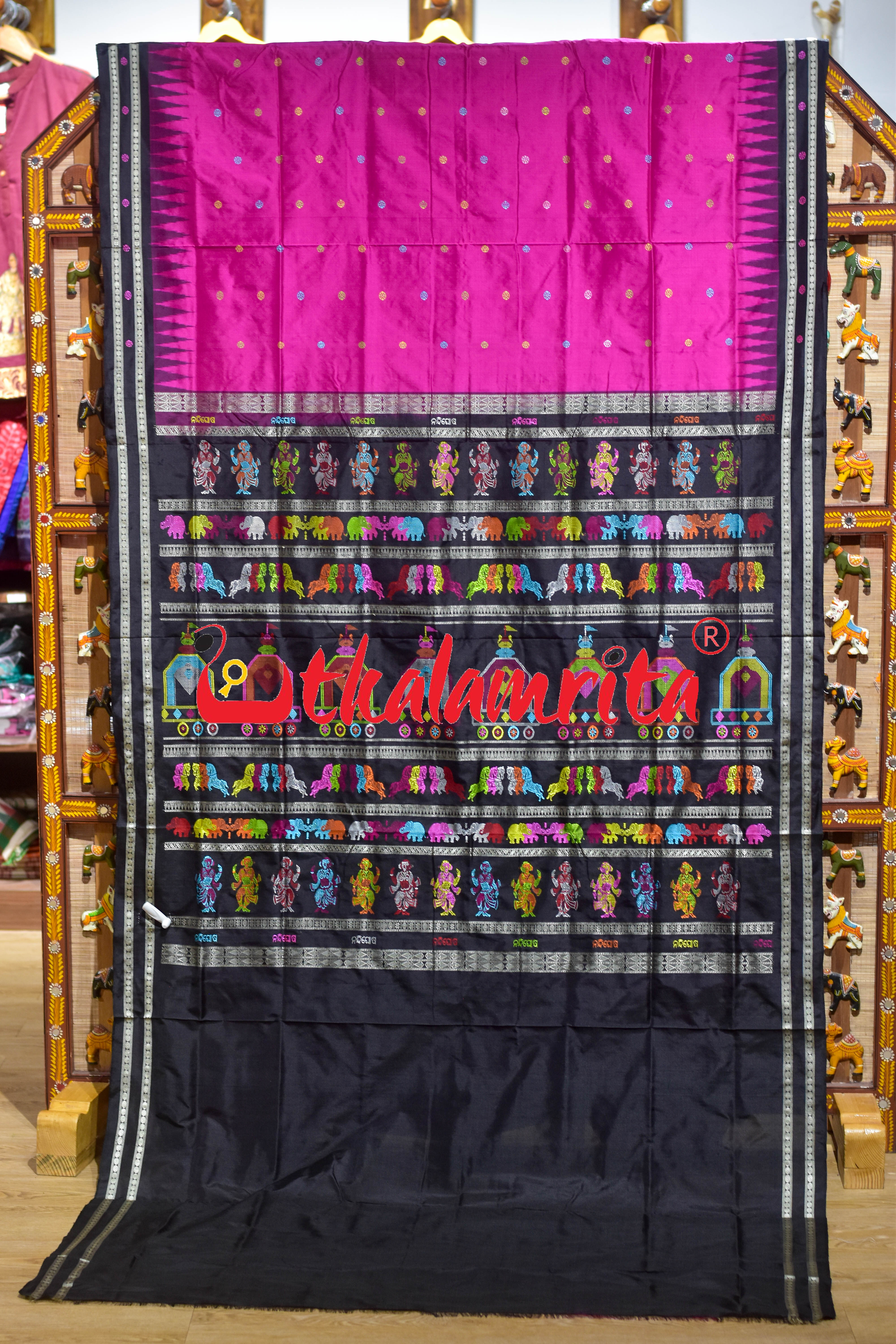 Rani Pink Black Nandighosha Bomkai Silk Saree