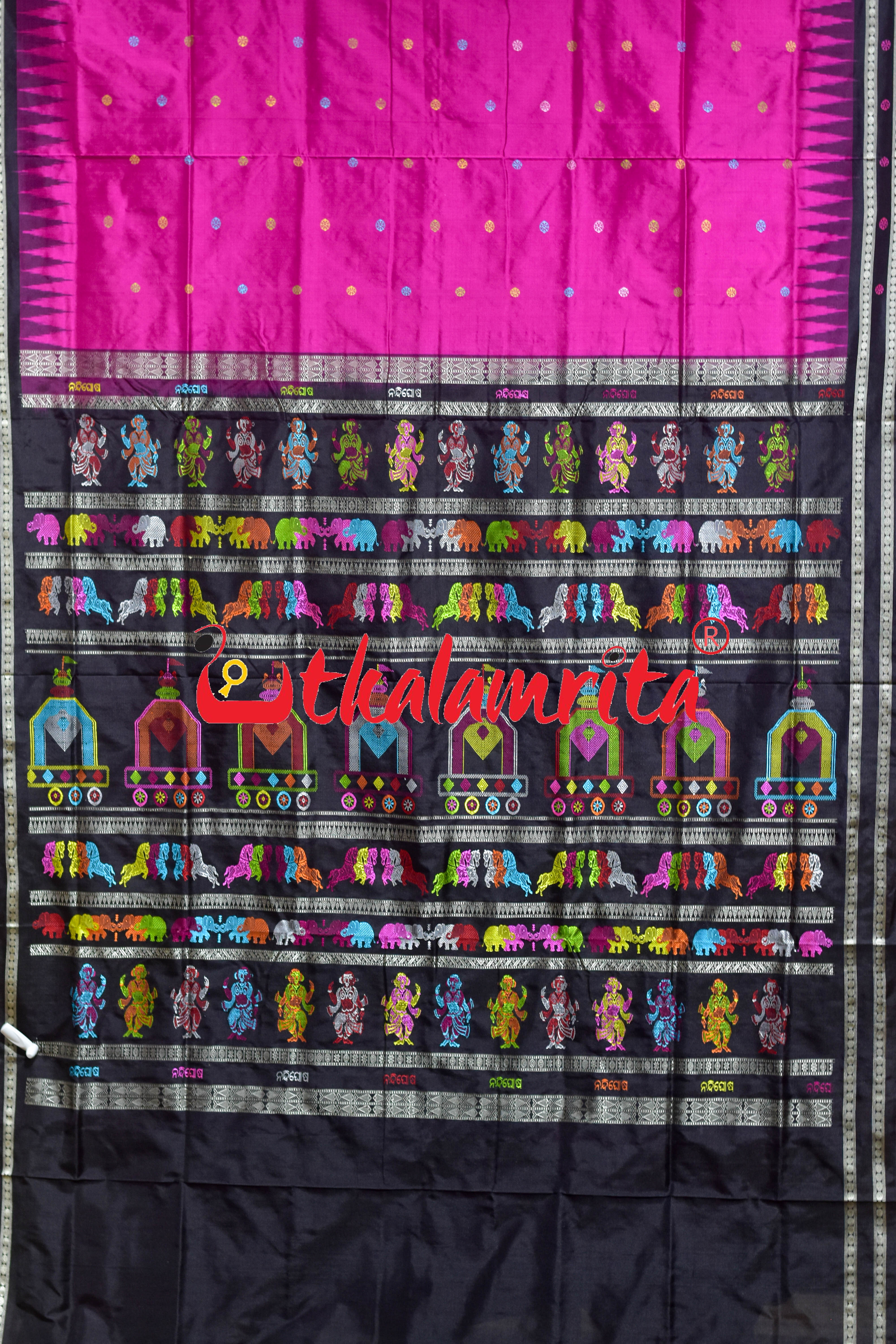 Rani Pink Black Nandighosha Bomkai Silk Saree