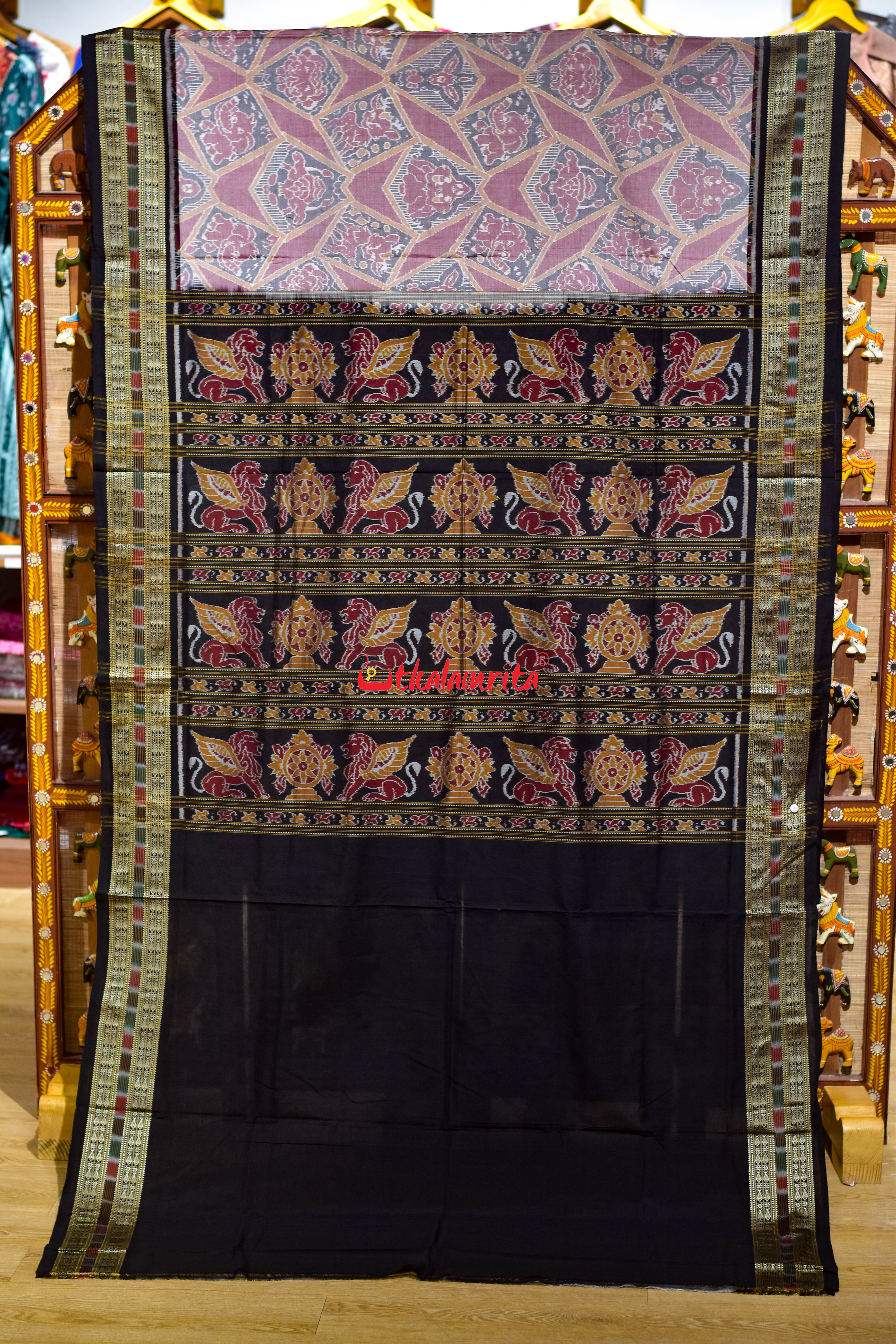 Pink Black baby Elephant Sambalpuri Cotton Saree