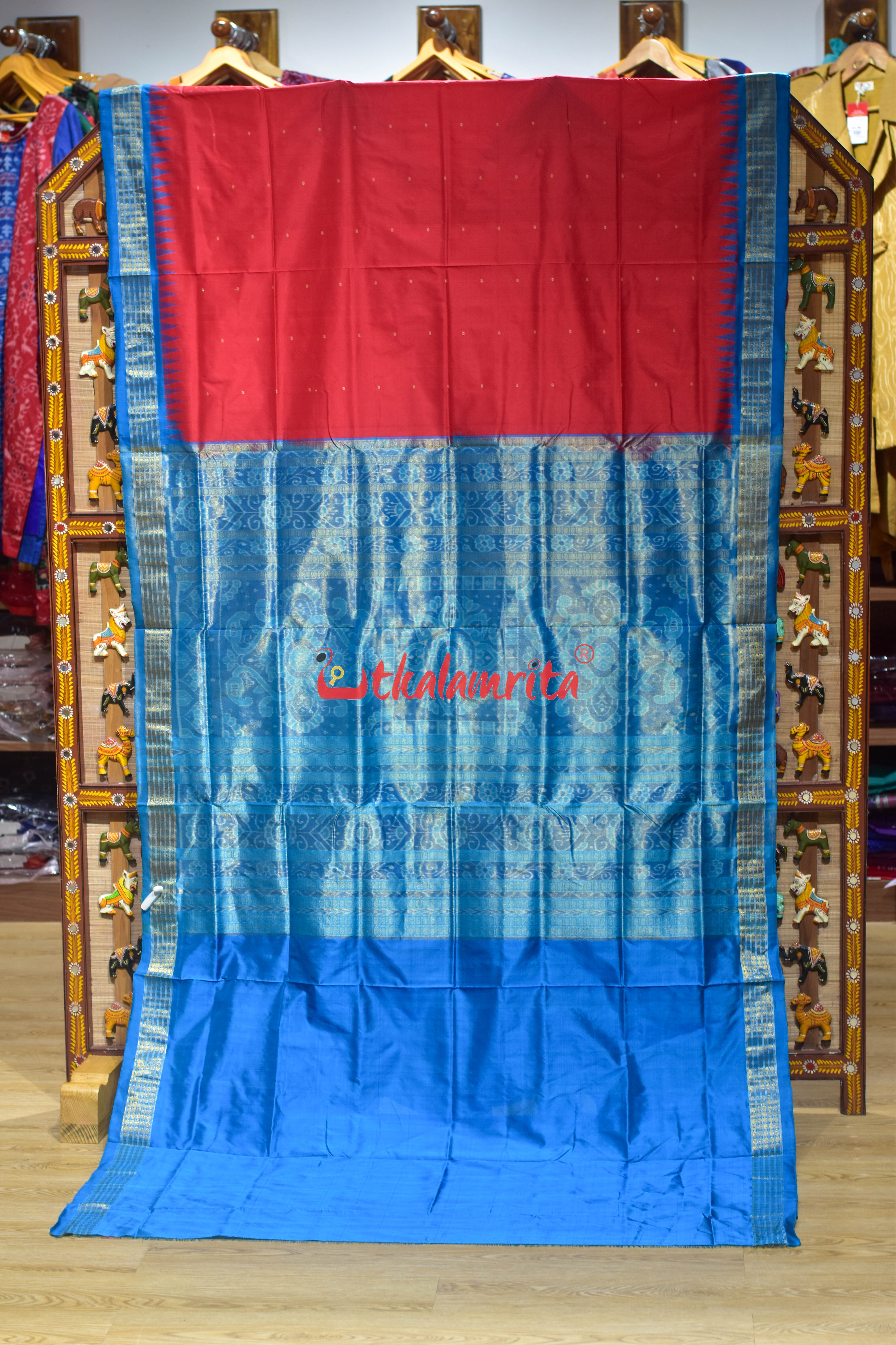 Red Blue Half Tissue Sambalpuri Silk Saree