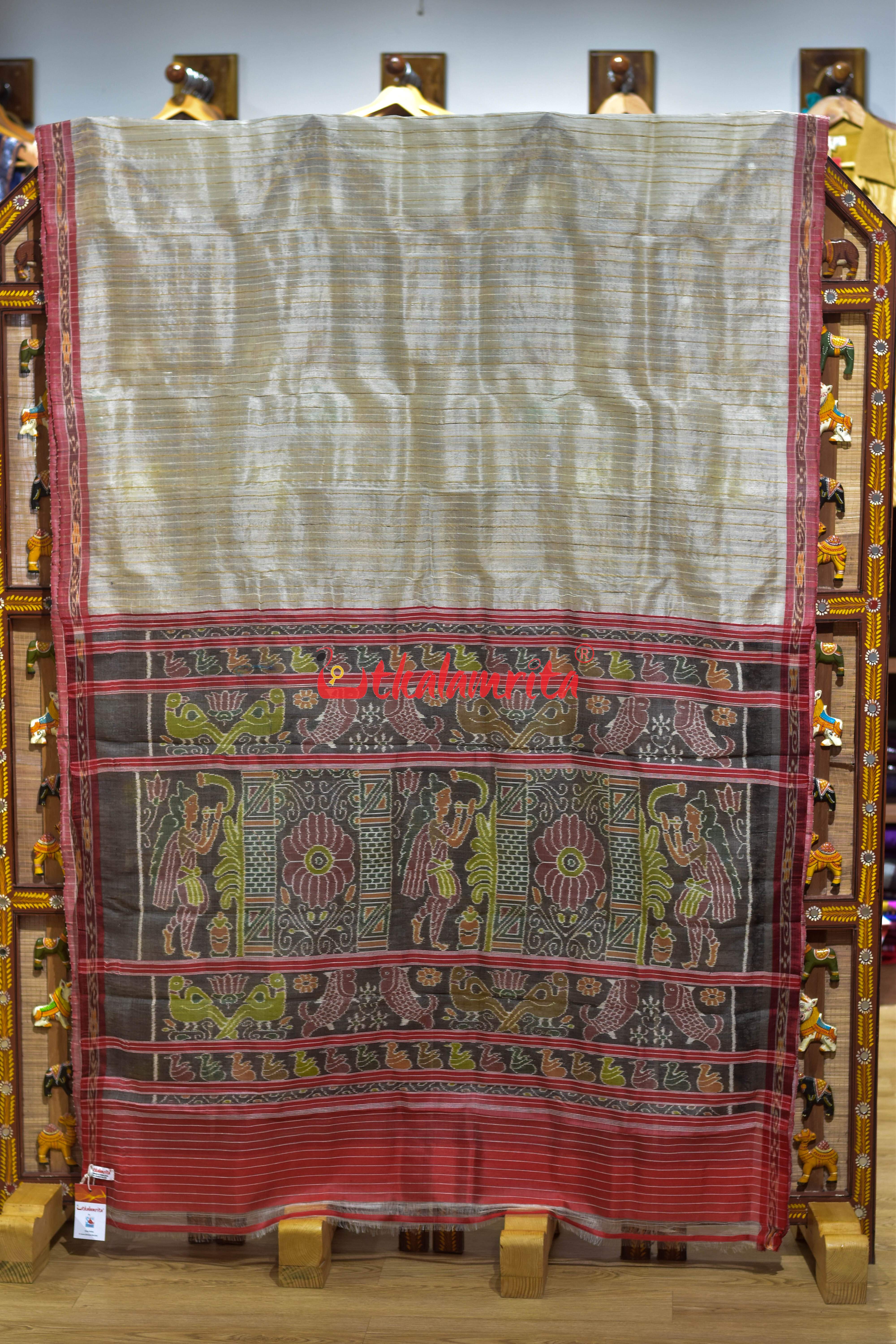 Off White Eri Mulberry Animal Anchal Khandua Silk Saree